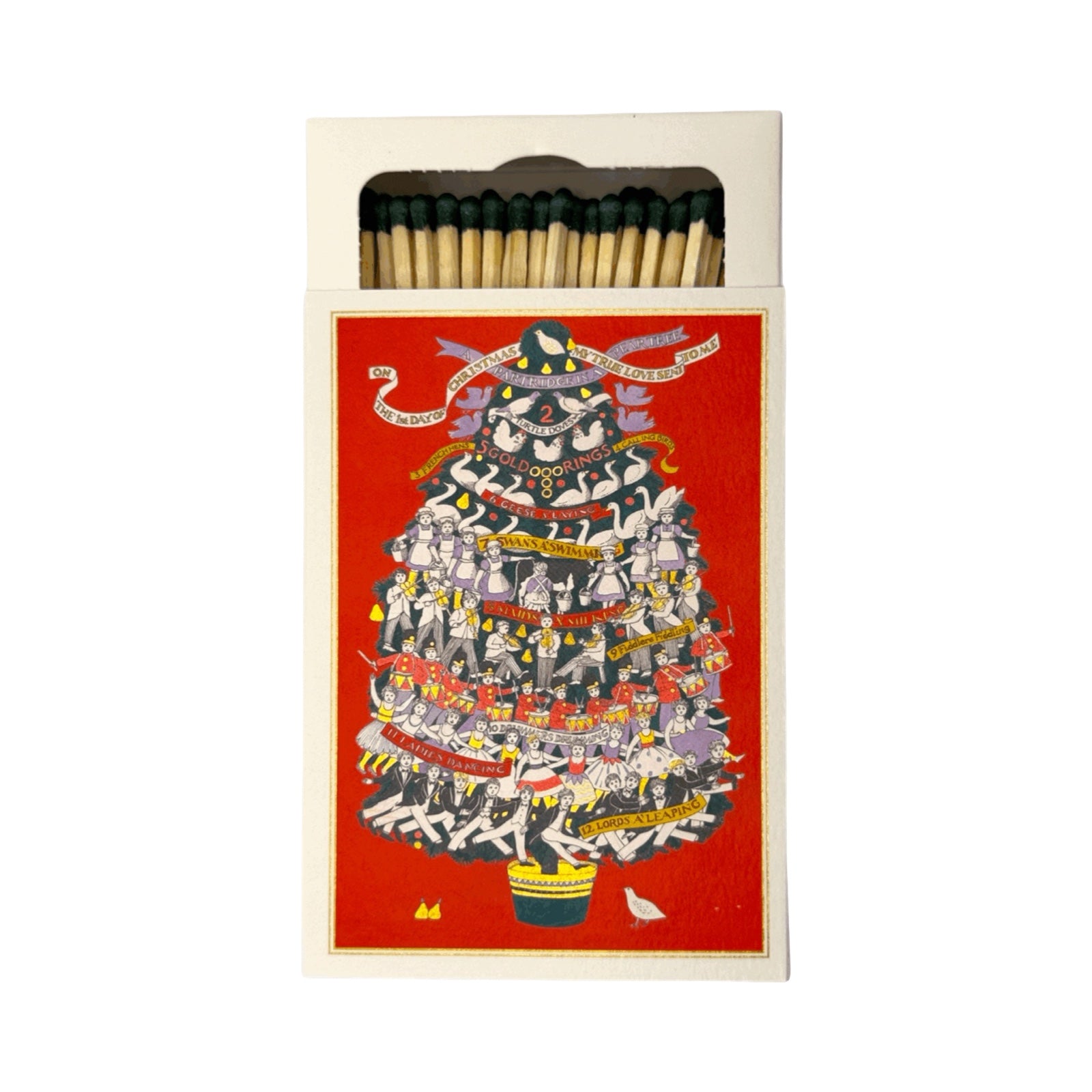 A box matches with a red front featuring an illustrated Christmas tree made of the 12 days of Christmas elementa, shown against a plain white background.