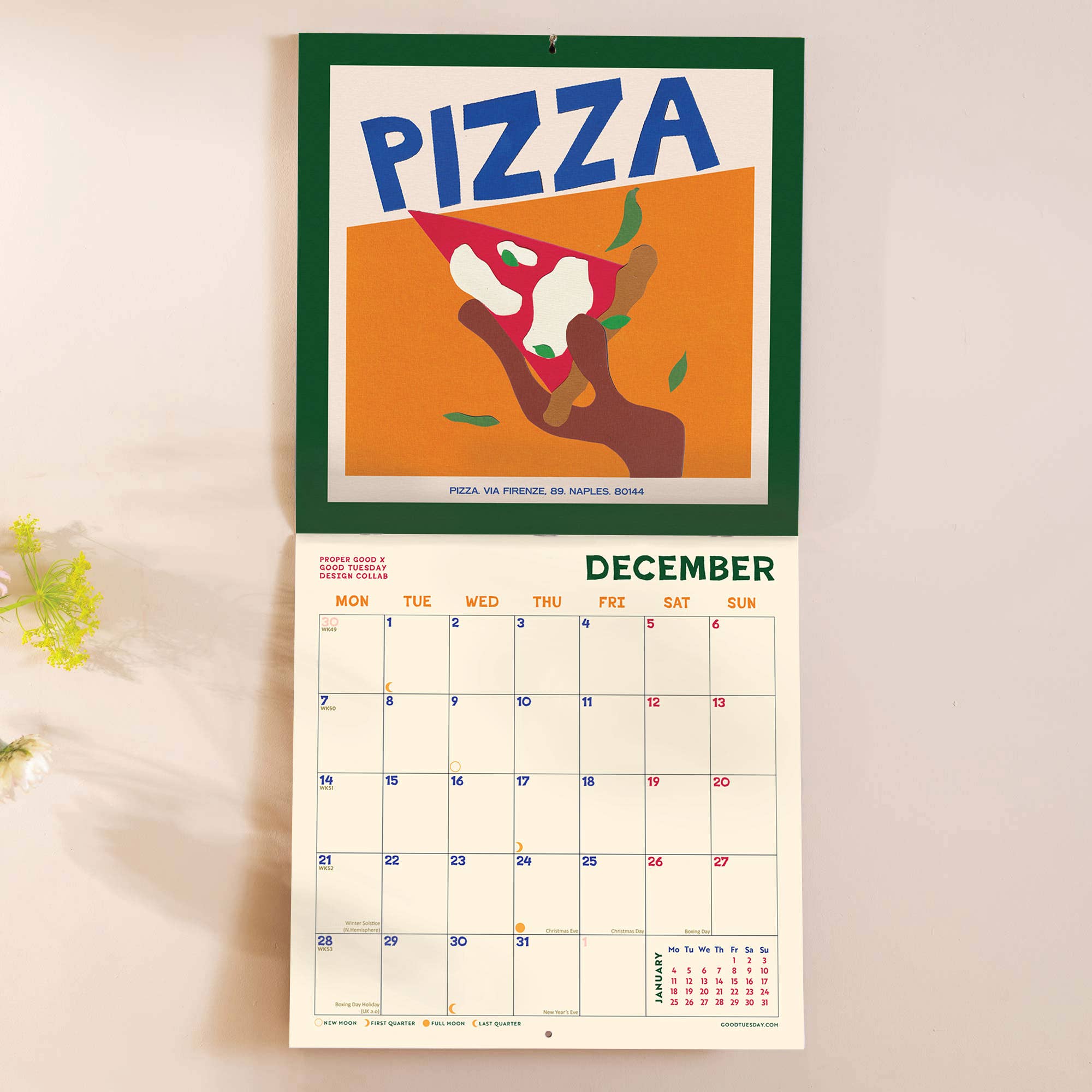 A food-themed wall calendar featuring 12 illustrations of food from around the world.
