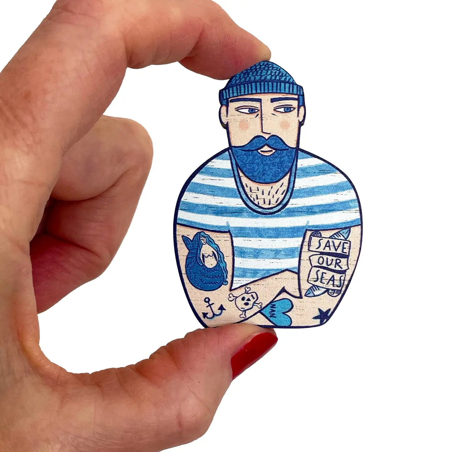 Tattooed Sailor Wooden Brooch