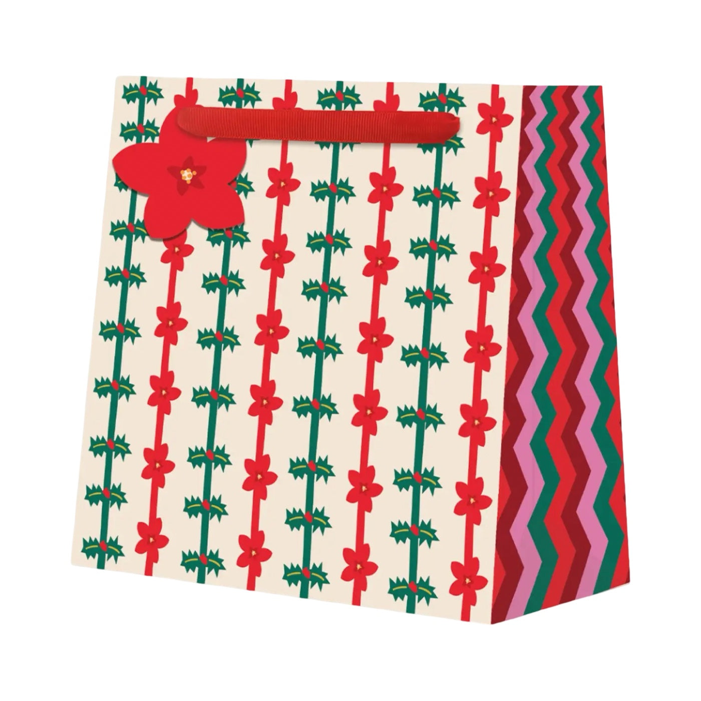 Holly and Poinsettia Christmas Gift Bag Large