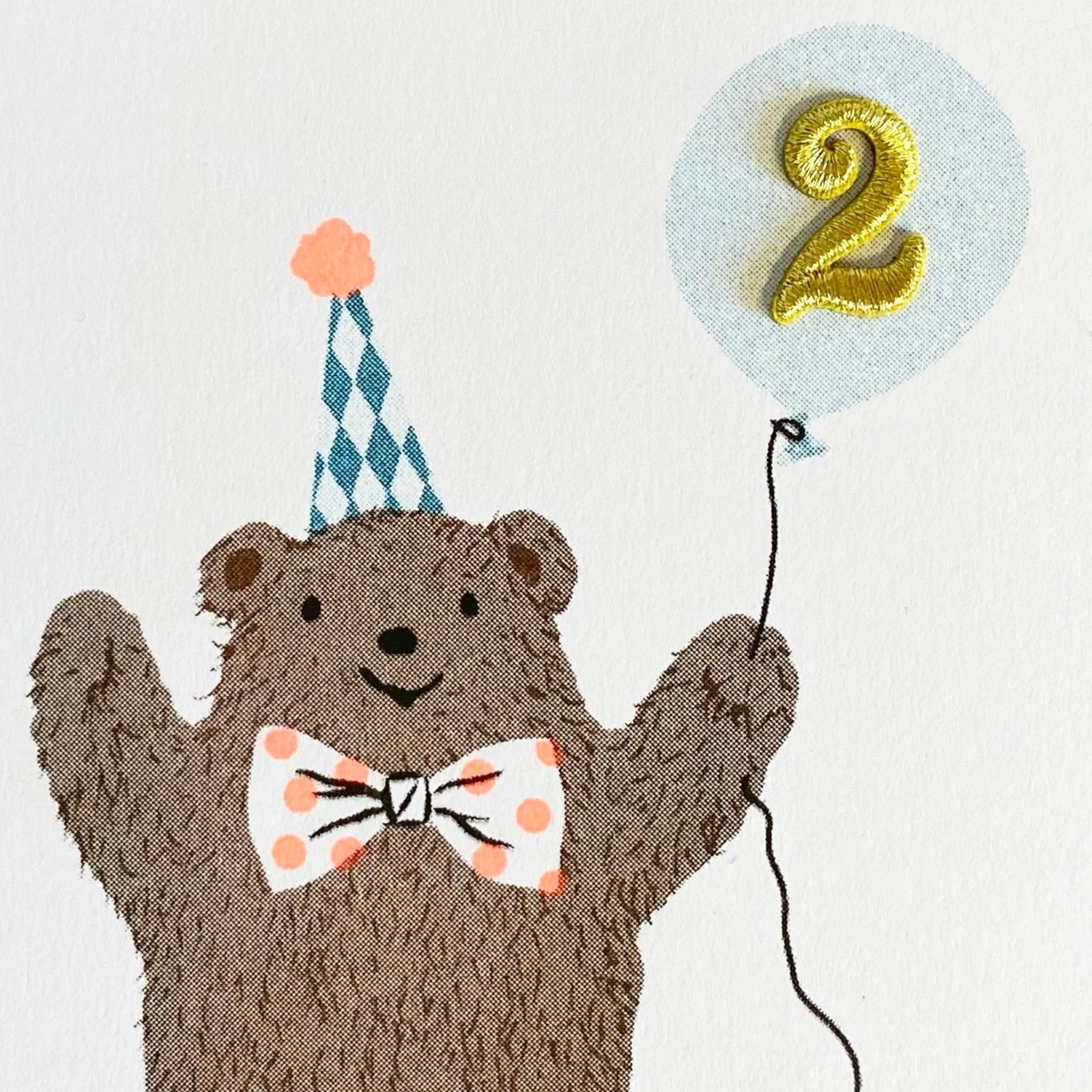 2nd birthday card featuring a bear in a party hat and '2' in a light blue balloon.