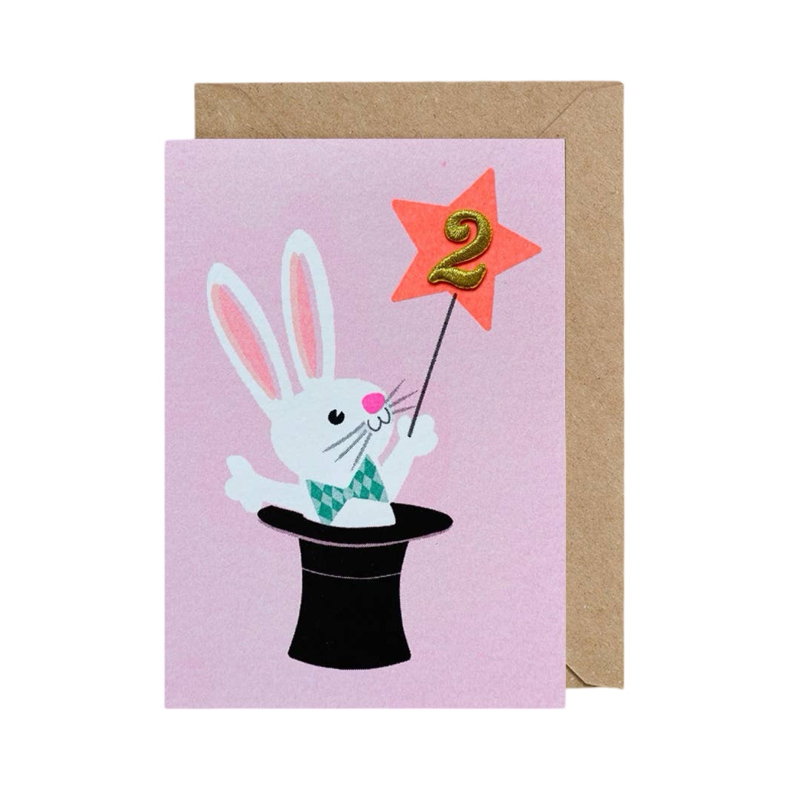 A pale pink birthday card with a white rabbit in a magician's hat, with a gold embroidered 2 in an orange star.