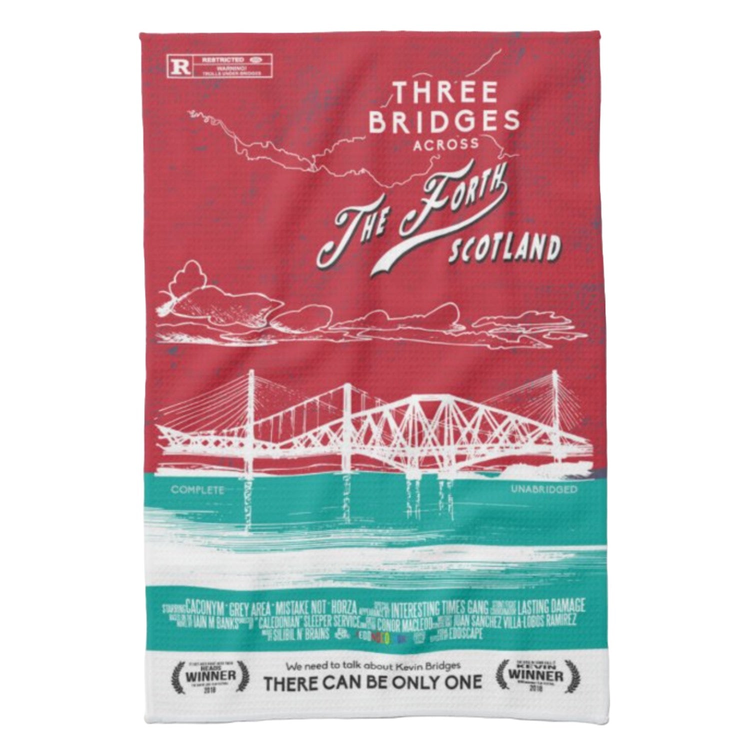 Tea towel featuring a movie poster design with an illustration of the three Forth Bridges near Edinburgh, Scotland.