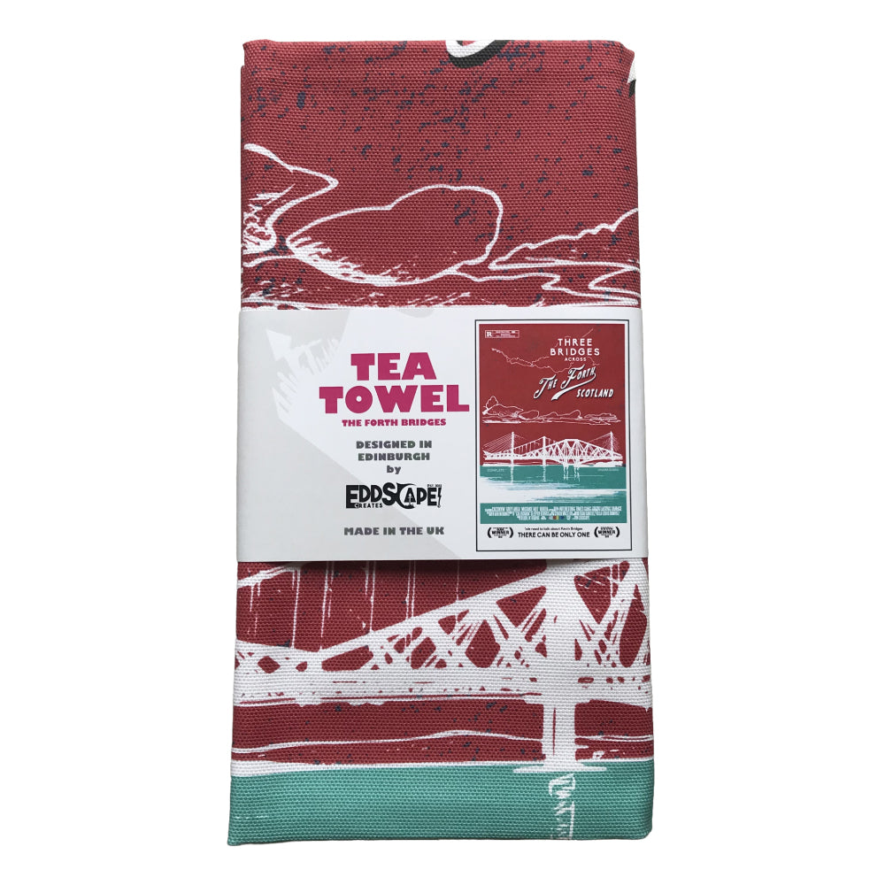 Tea towel featuring a movie poster design with an illustration of the three Forth Bridges near Edinburgh, Scotland.