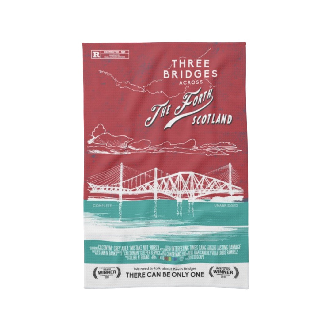 Tea towel featuring a movie poster design with an illustration of the three Forth Bridges near Edinburgh, Scotland.