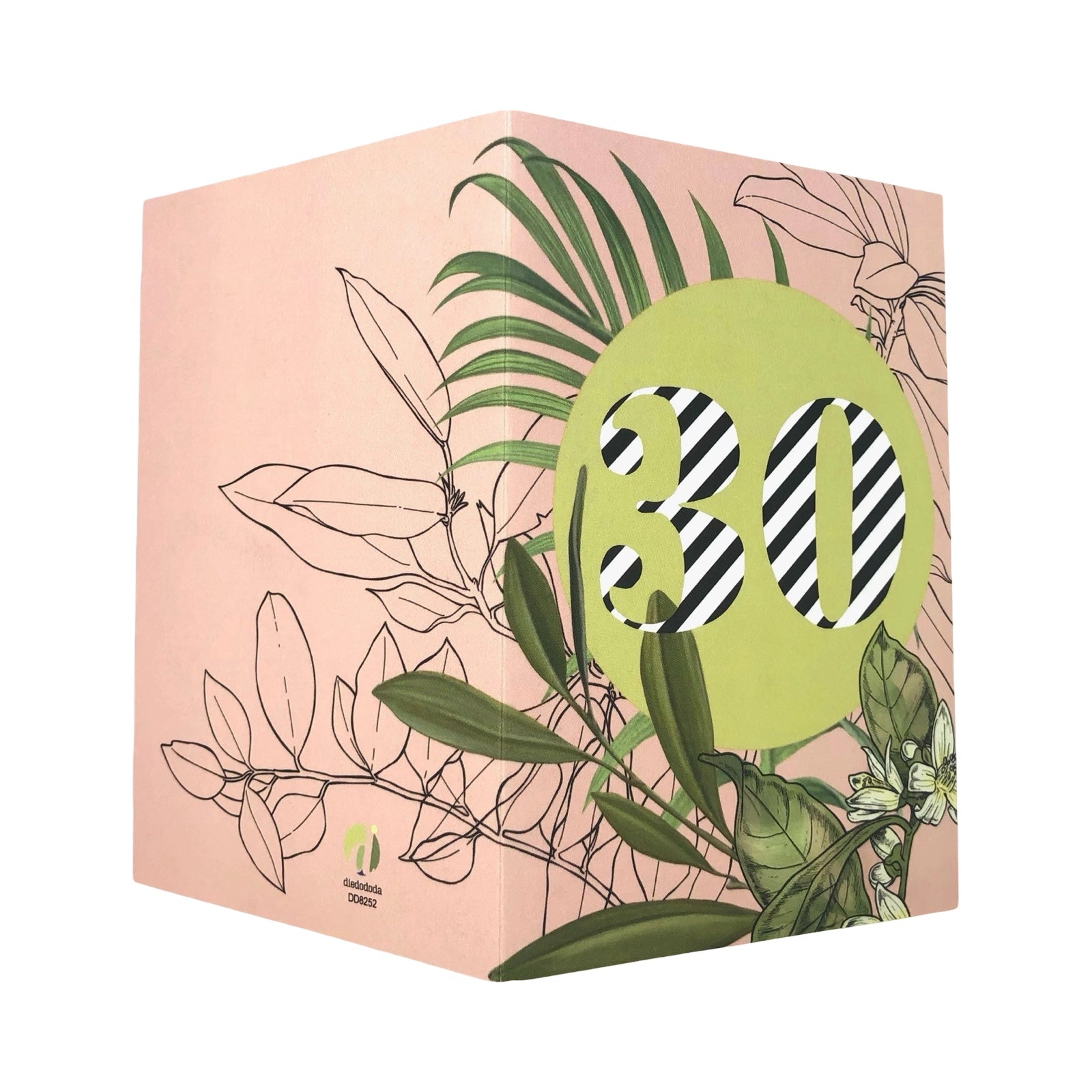 Greeting card with '30' design on a pink floral and green leaf background.