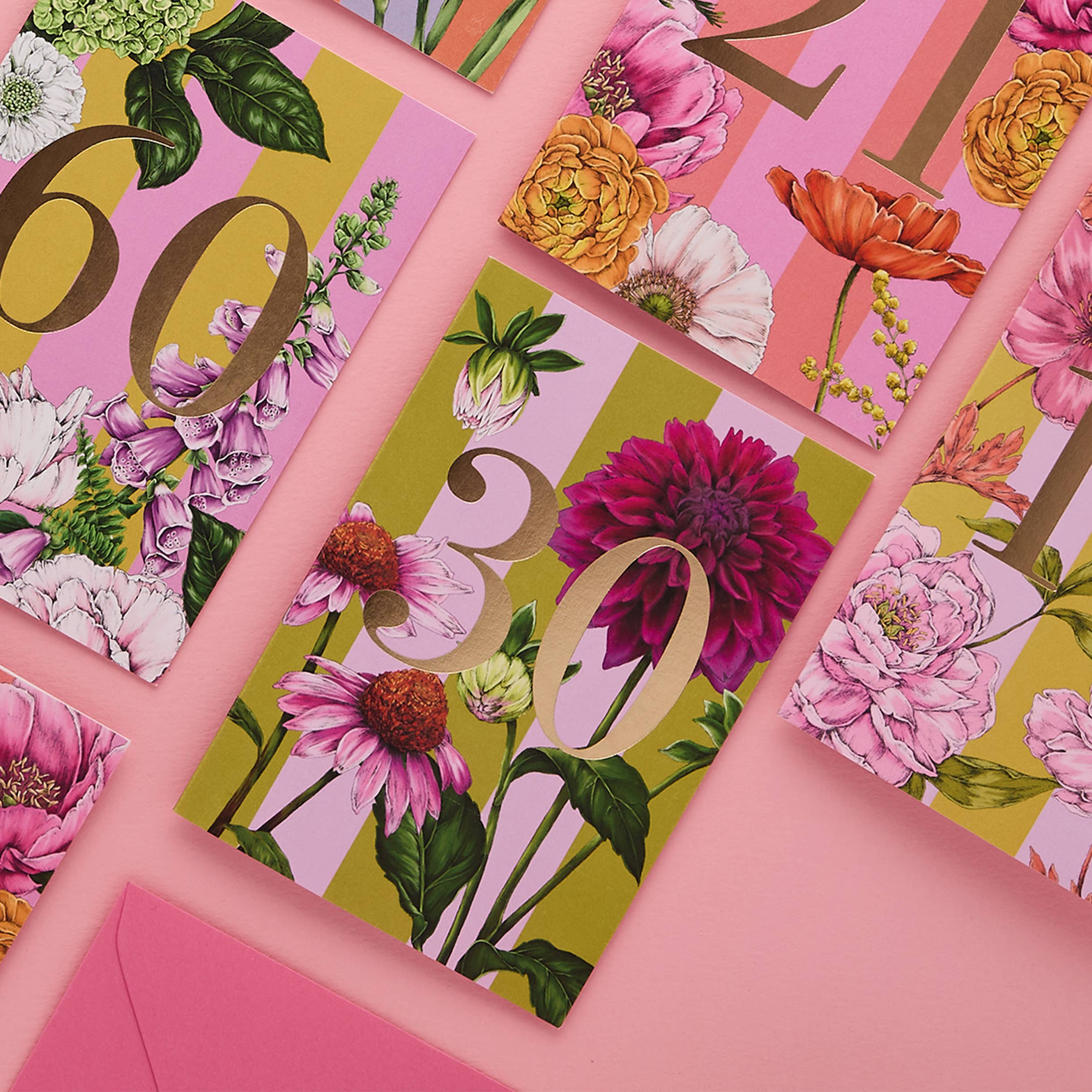 Floral-themed cards with numbers and pink border.