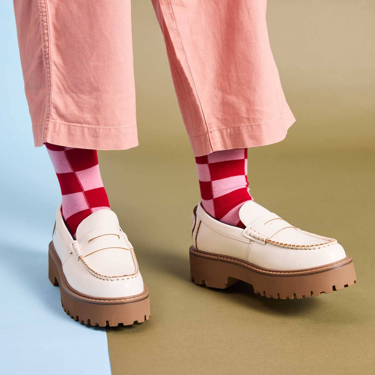 Red and Pink Check Ladies Socks