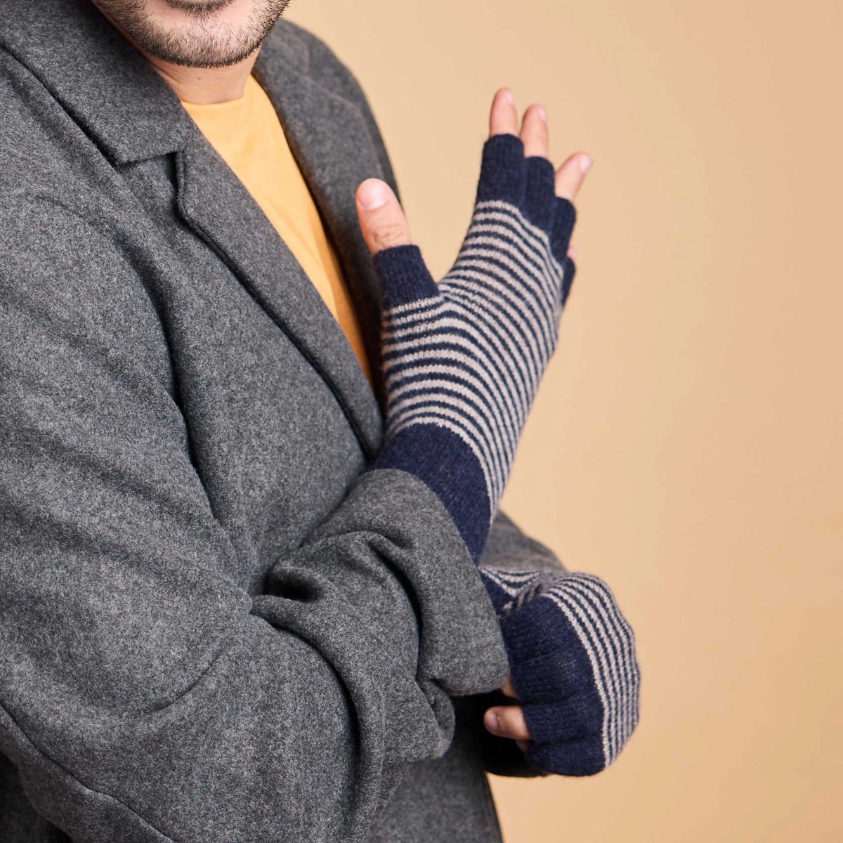 Navy Striped Lambswool Fingerless Gloves