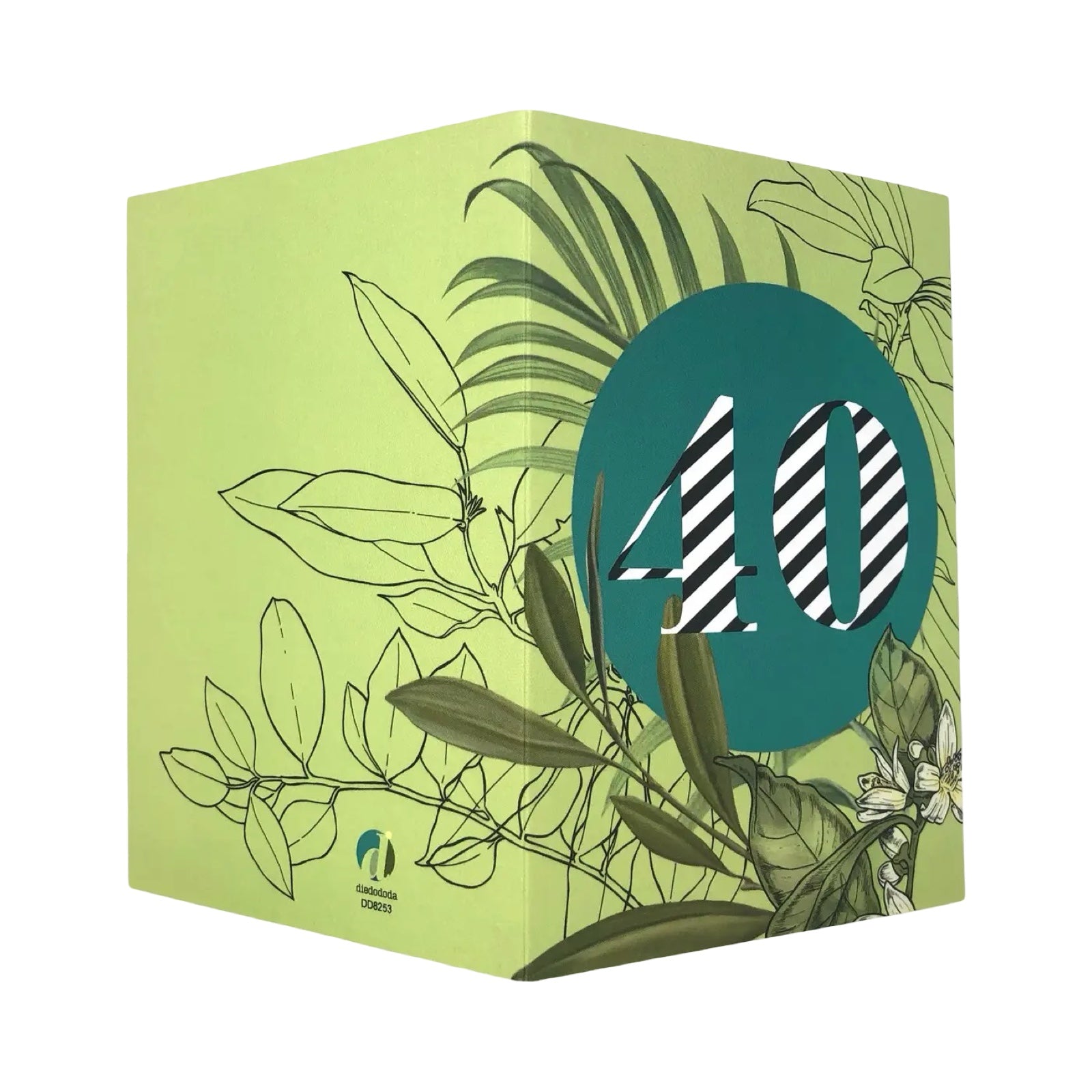 40th birthday card featuring a botanical illustration with a deep turquoise circle in the centre with '40' in black and white stripes.