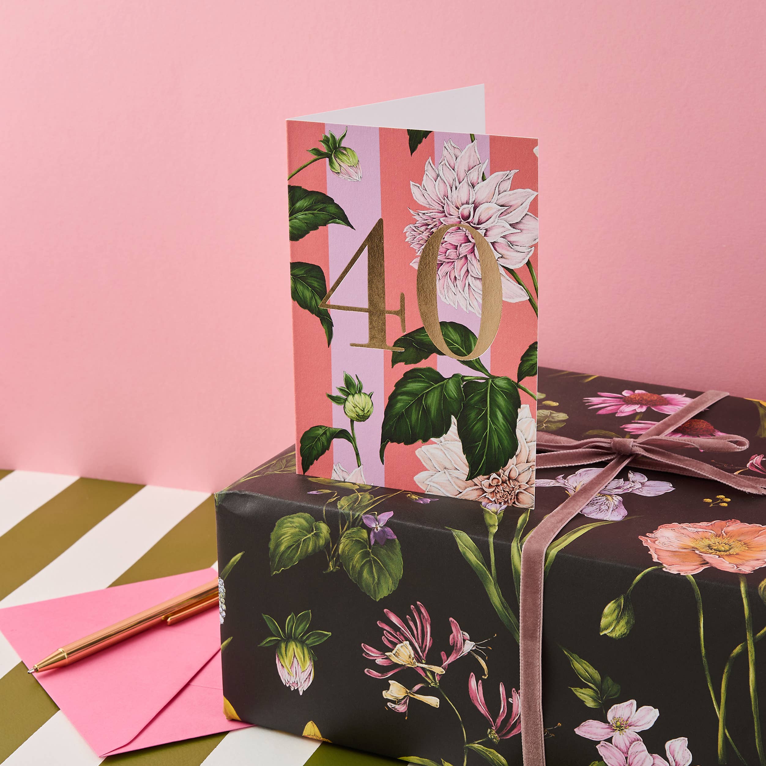 Floral-themed birthday card with number 40 on a pink background.