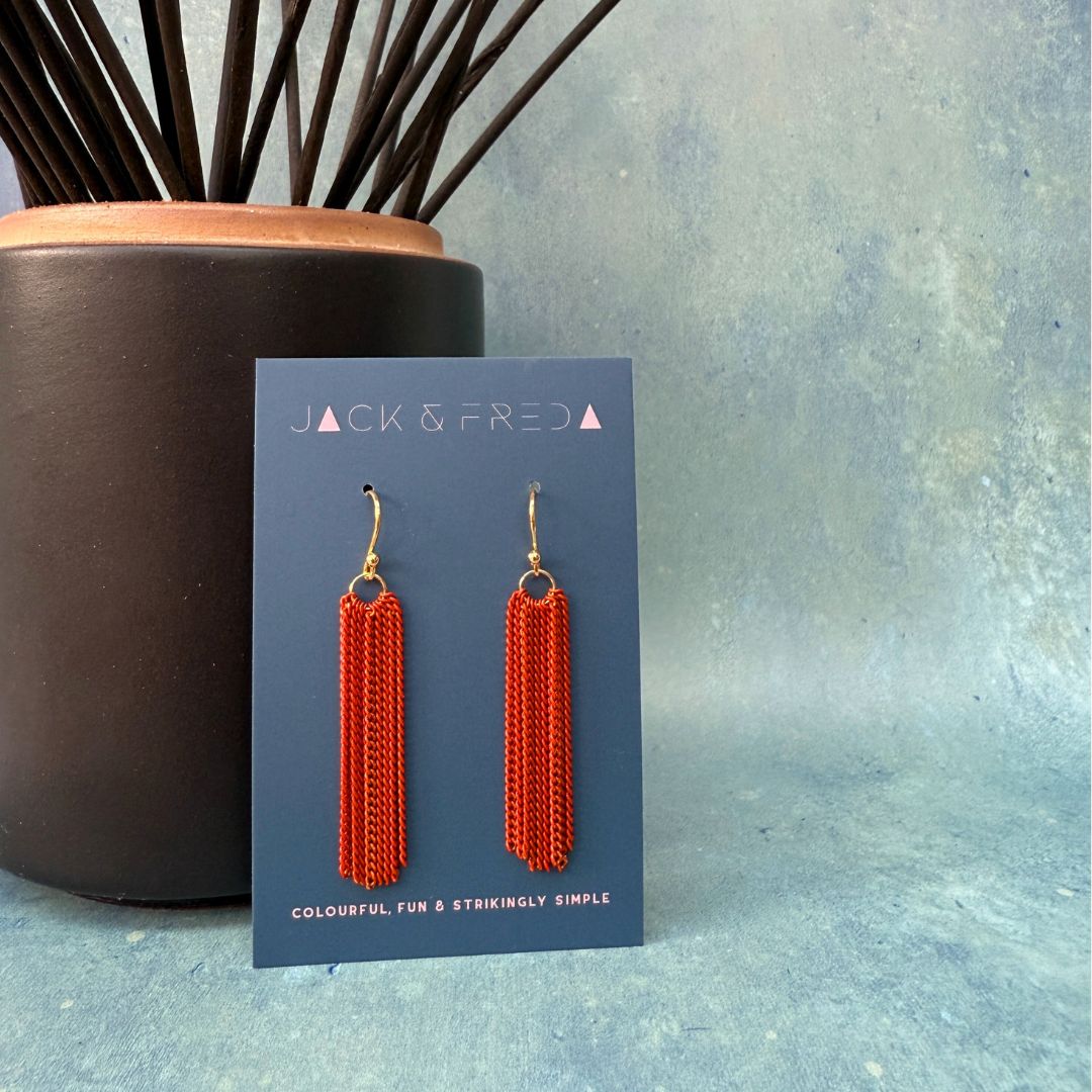 Orange Chain Tassel Earrings