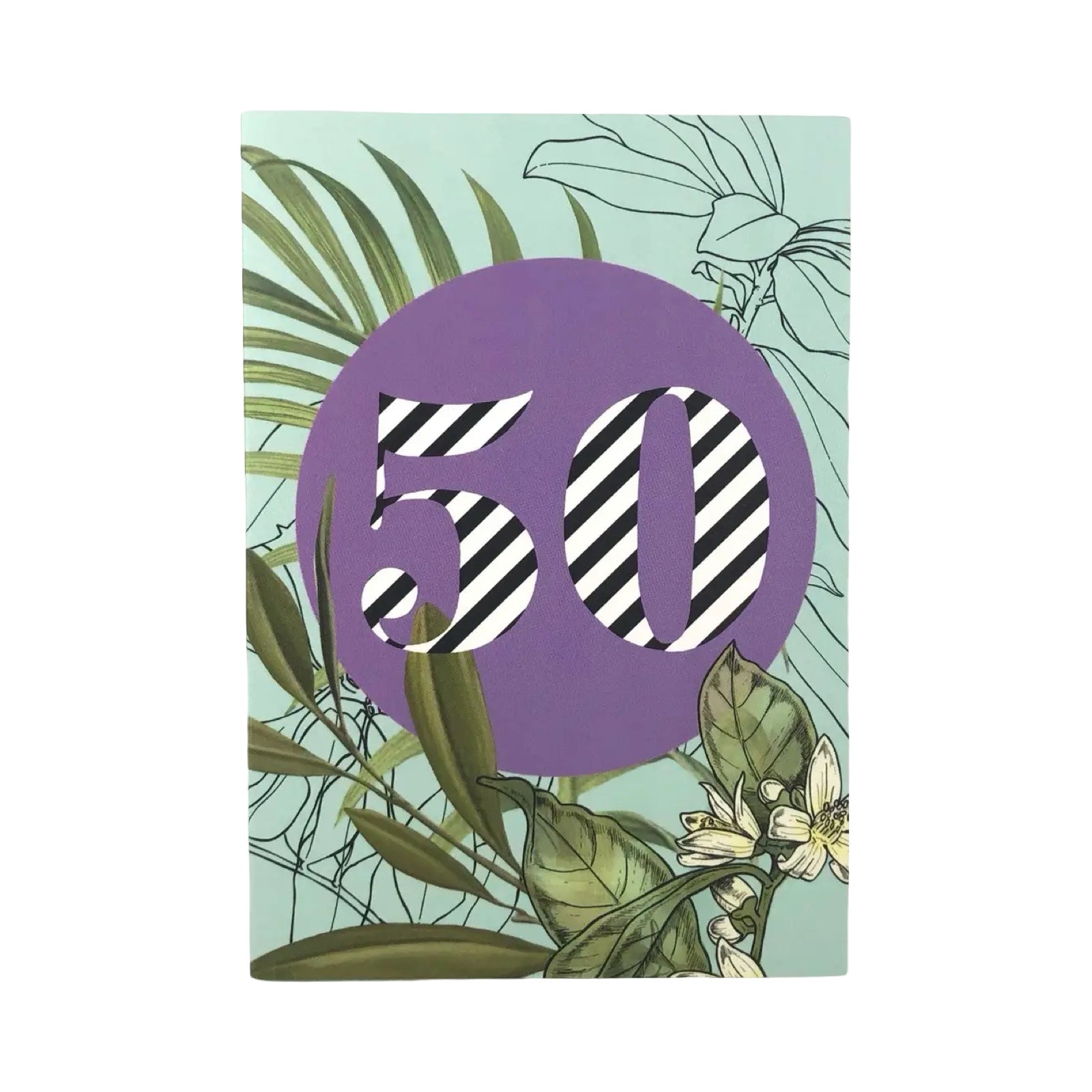 50th birthday card featuring a botanical illustration with a purple central circle with '50' in black and white stripes.
