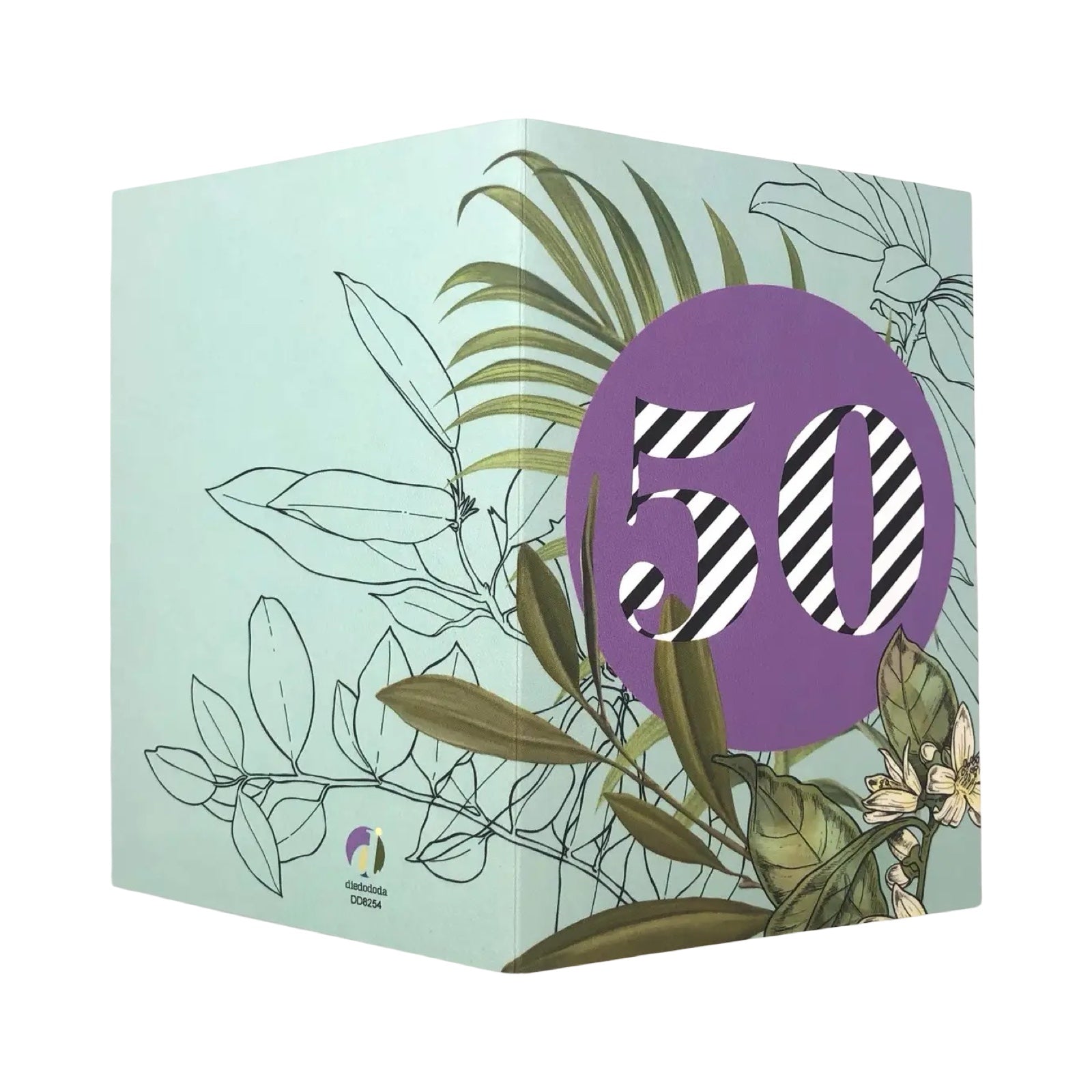50th birthday card featuring a botanical illustration with a purple central circle with '50' in black and white stripes.