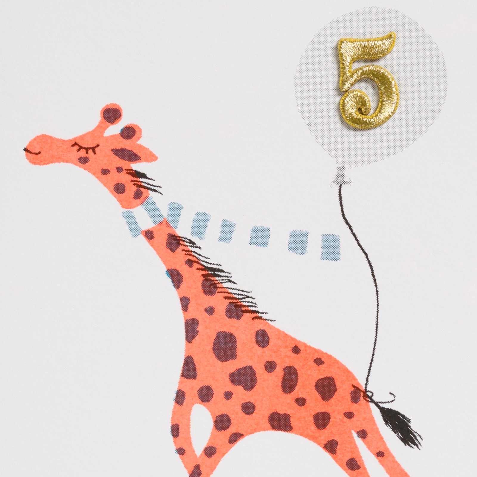 5th birthday card featuring a giraffe on rollerskates and '5' in a blue balloon.