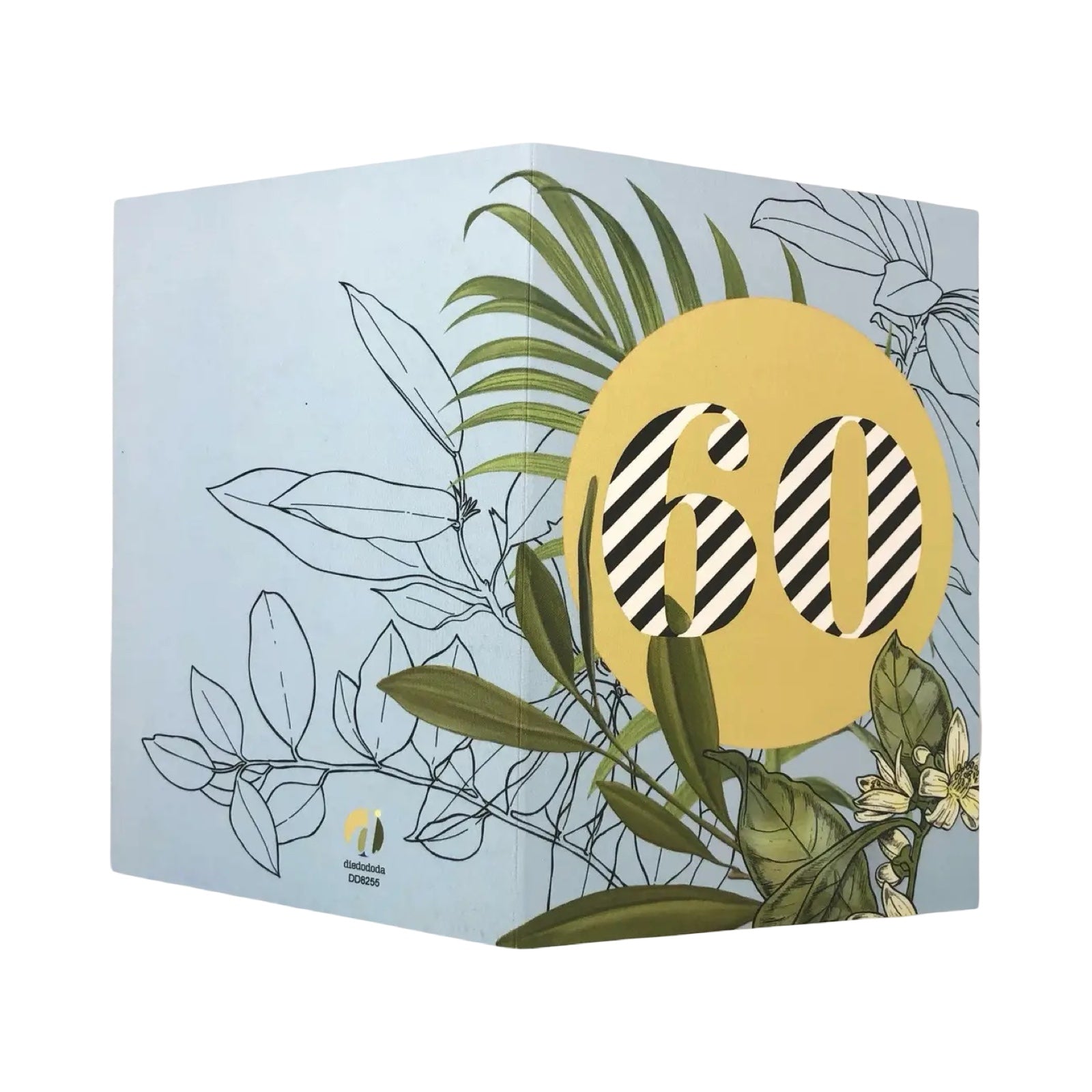 60th birthday card featuring a botanical illustration with a yellow central circle with '60' in black and white stripes.
