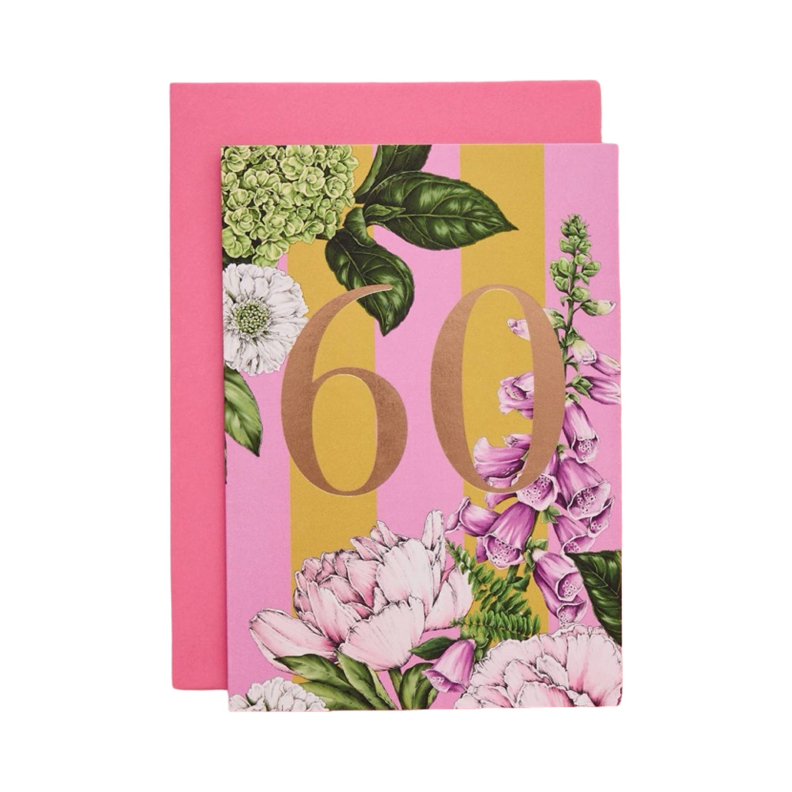 Greeting card with floral design and number 60 on a pink background.