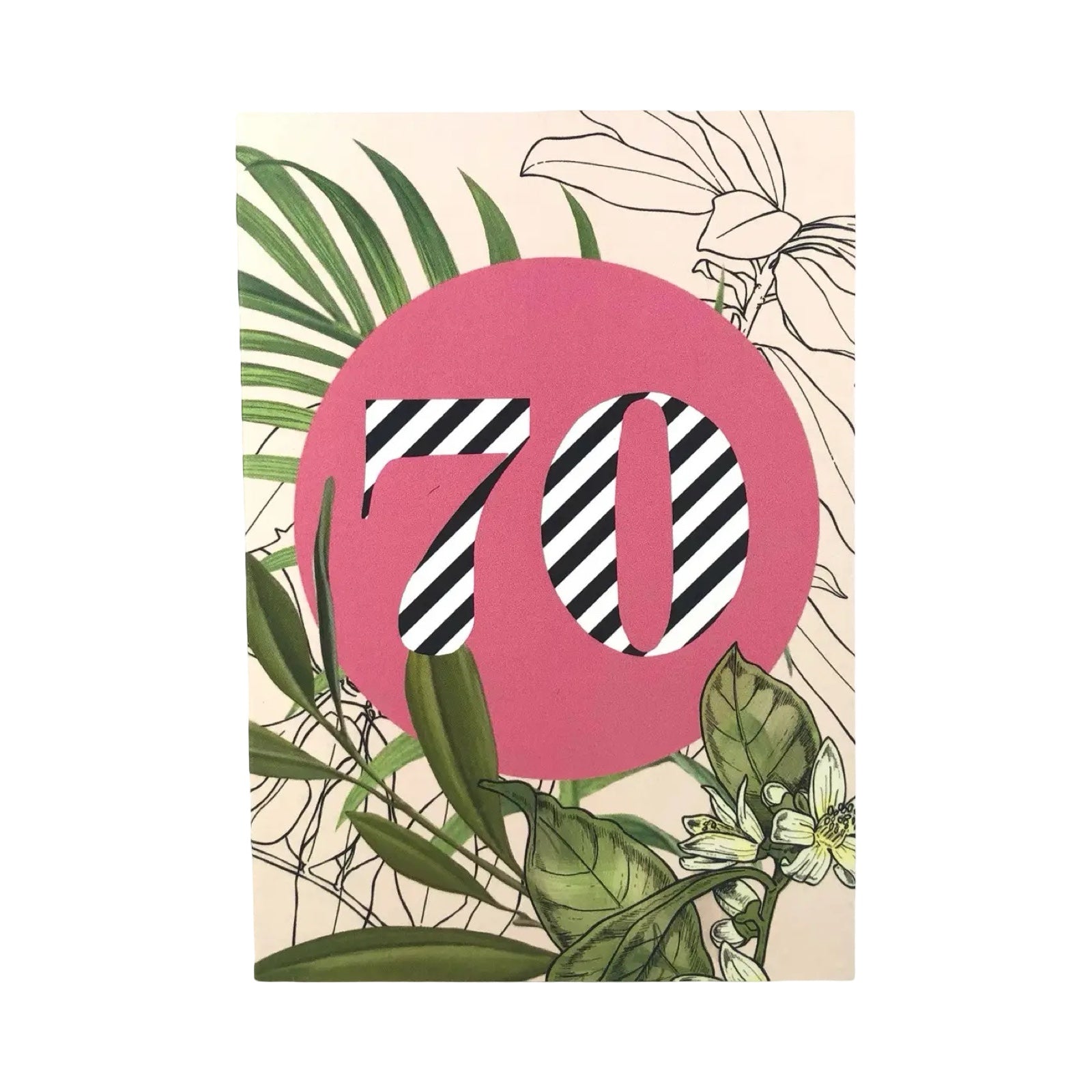 70th birthday card featuring a botanical illustration with a pink central circle with '70' in black and white stripes.