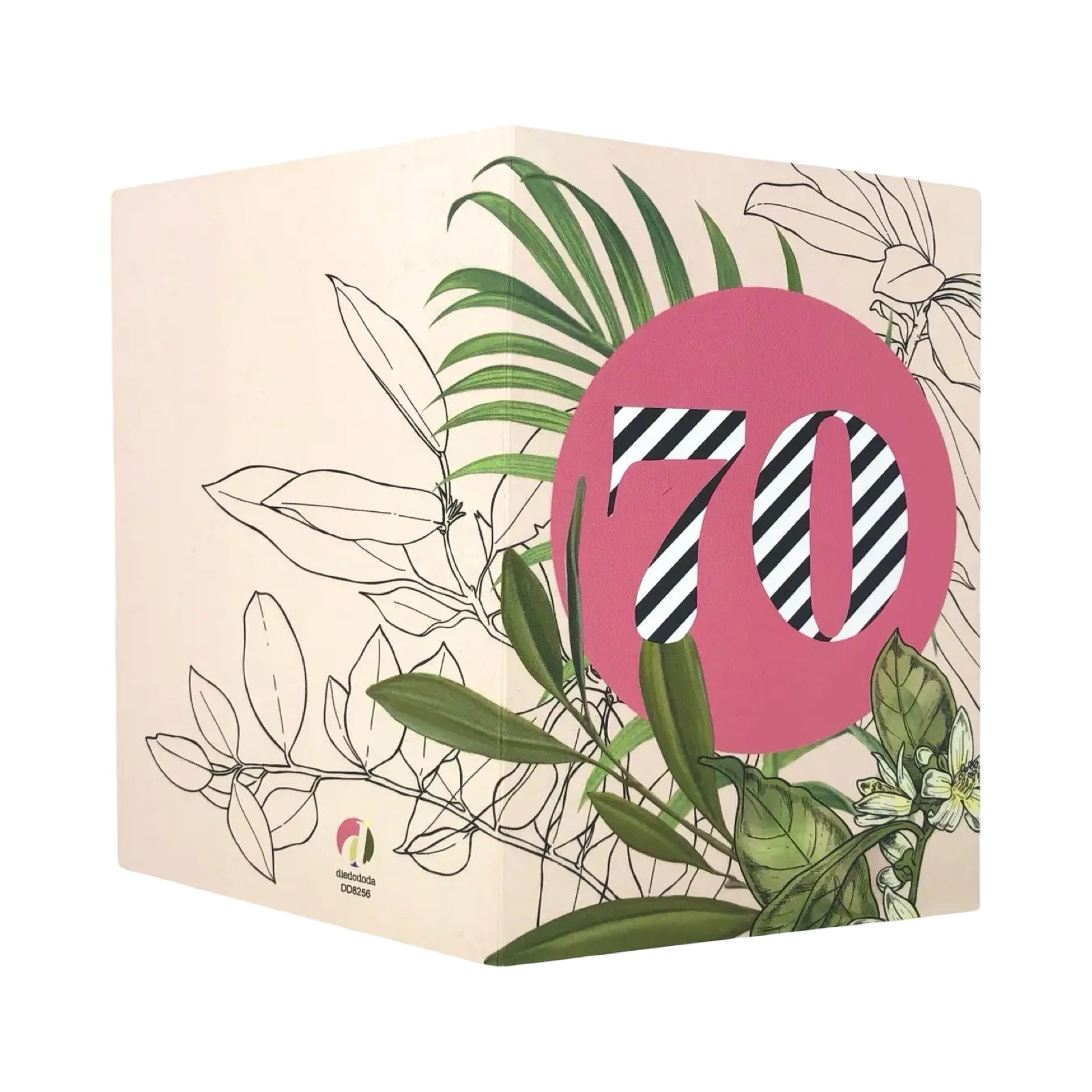 70th birthday card featuring a botanical illustration with a pink central circle with '70' in black and white stripes.