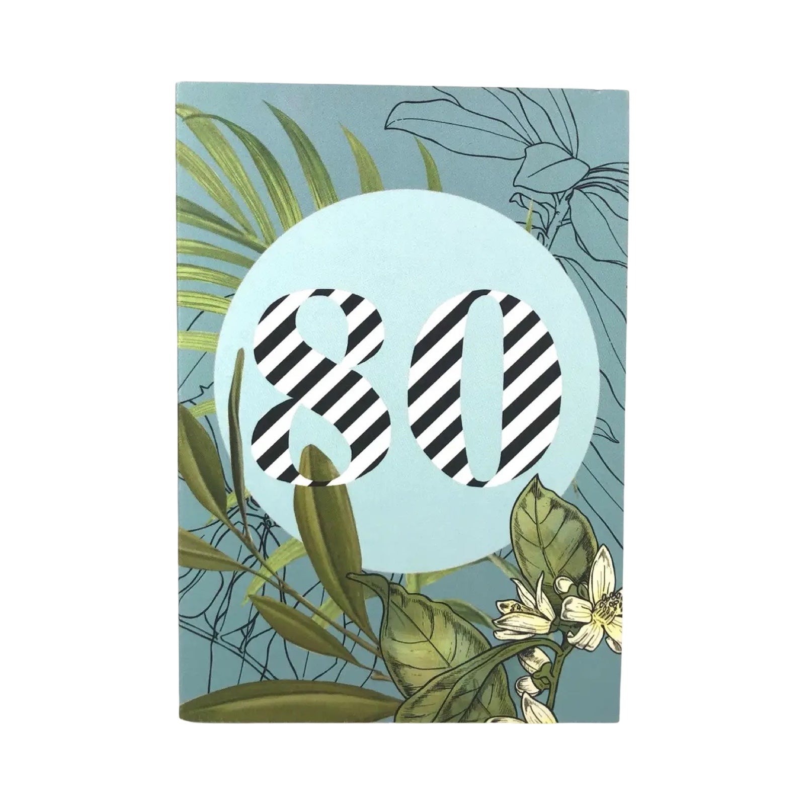 80th birthday card featuring a botanical illustration on a pale blue background with a light blue circle in the centre with '80' in black and white stripes.