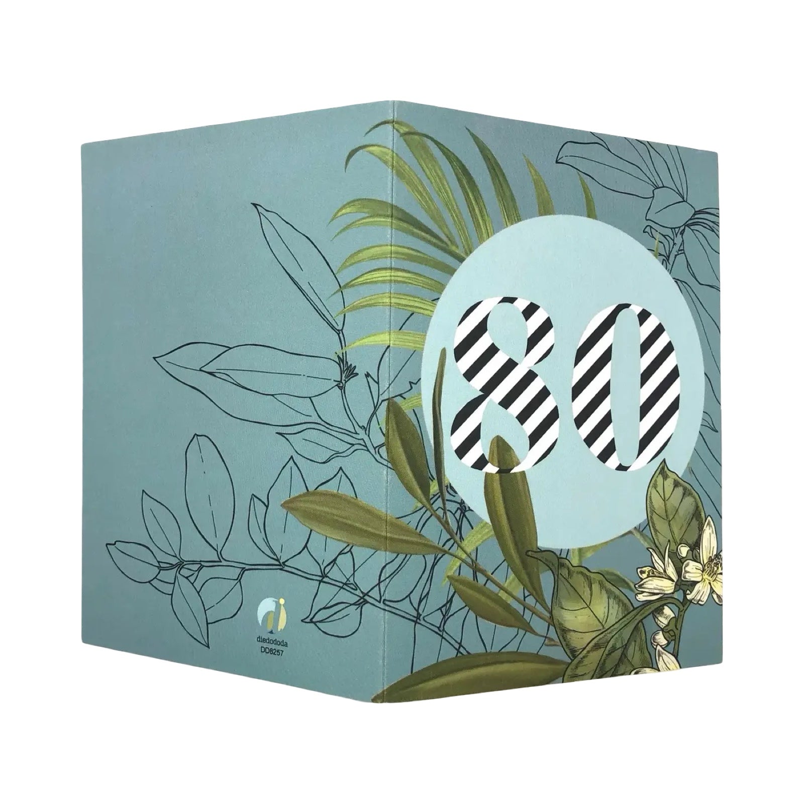 80th birthday card featuring a botanical illustration on a pale blue background with a light blue circle in the centre with '80' in black and white stripes.