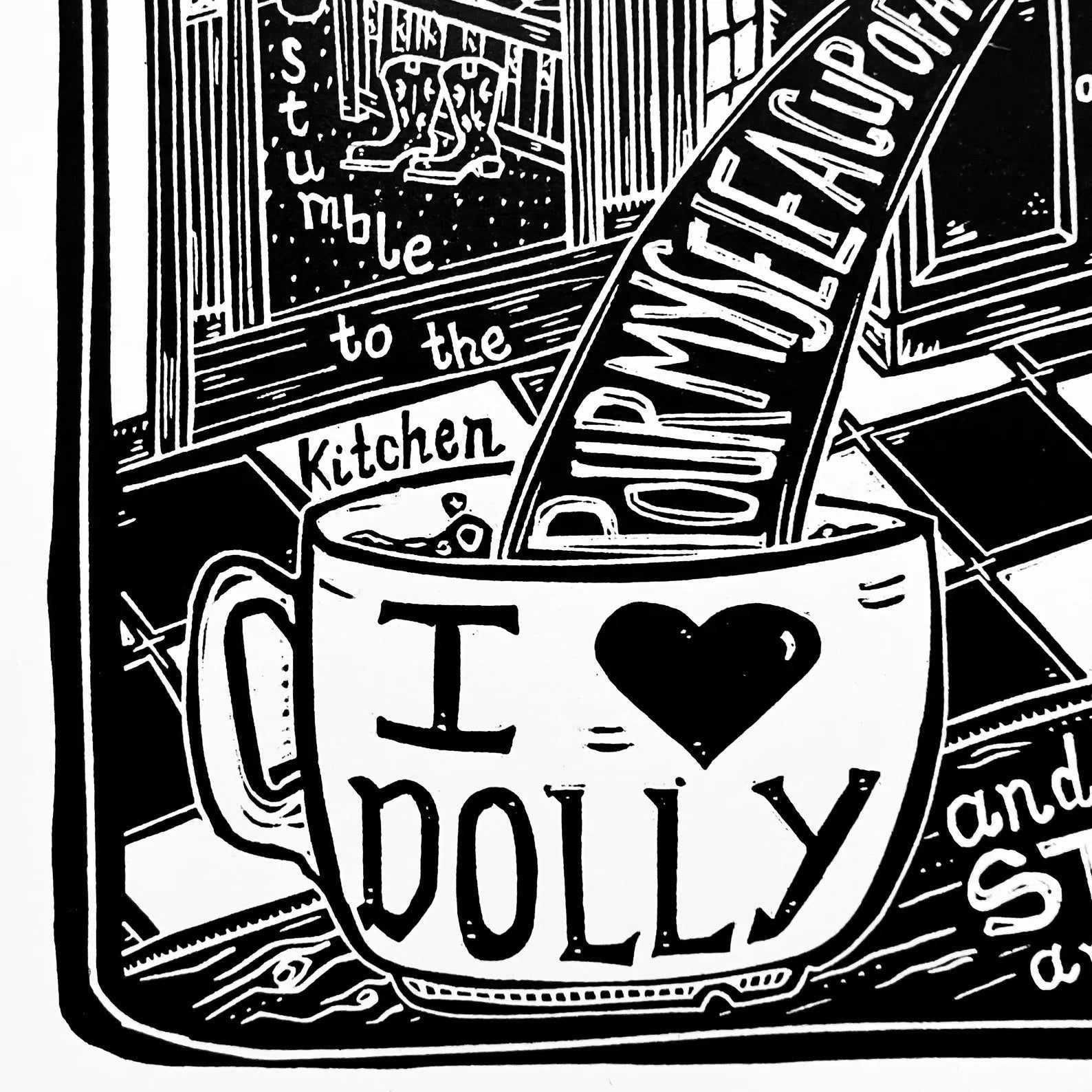 Black and white illustration of a coffee mug with 'I heart Dolly' text, surrounded by scattered text and kitchen images.