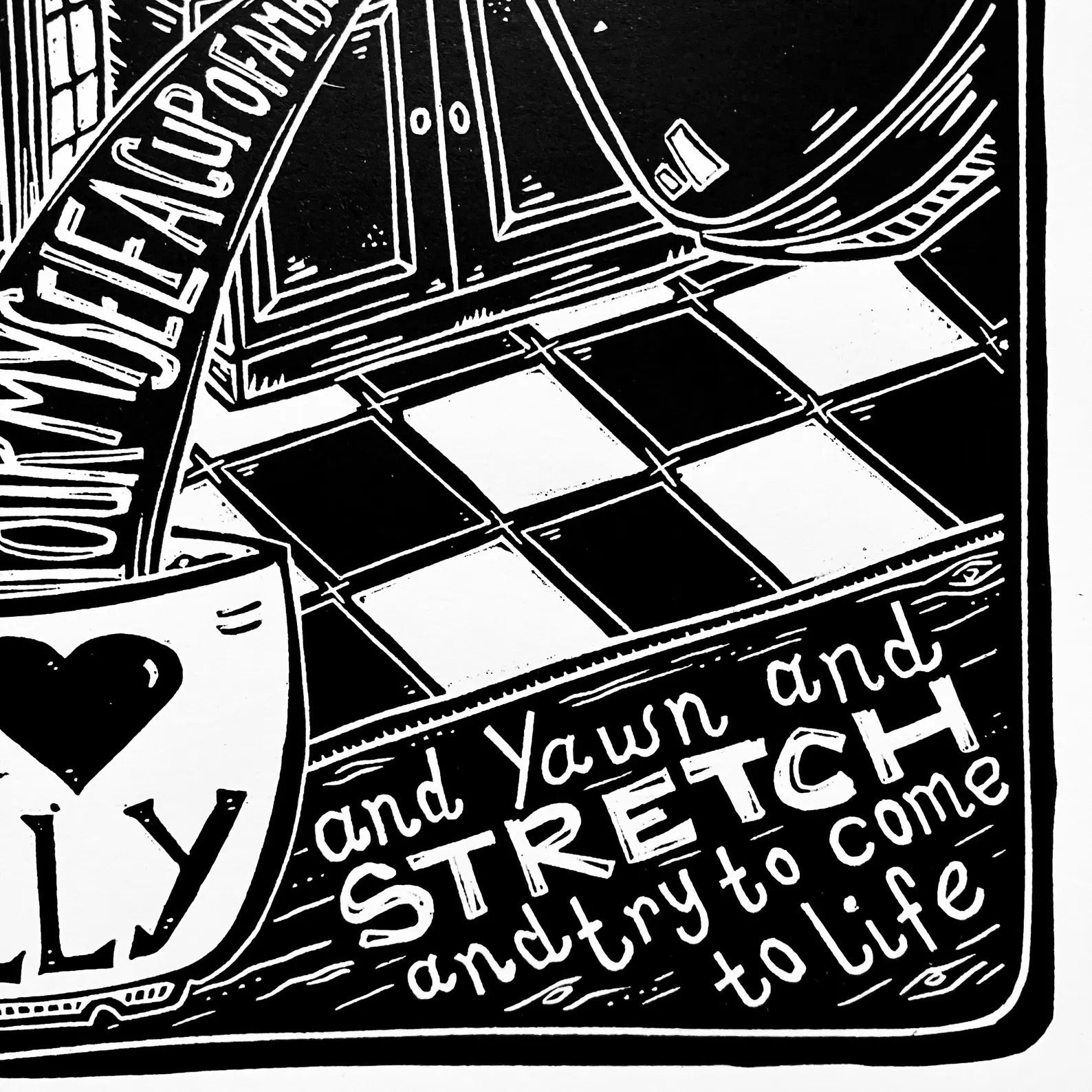 Black and white illustration of a checkered floor in a kitchen with text.