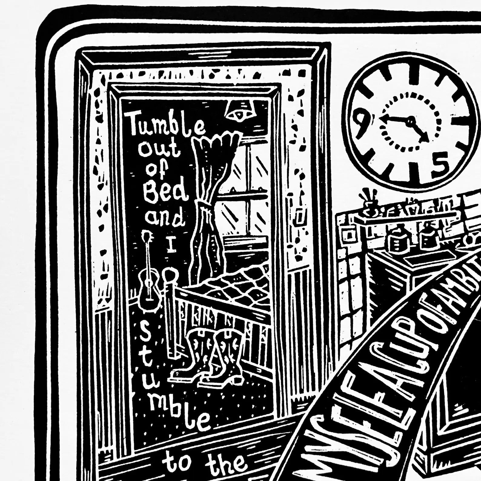 Illustration of a room with text and objects, including a clock and a bedroom.