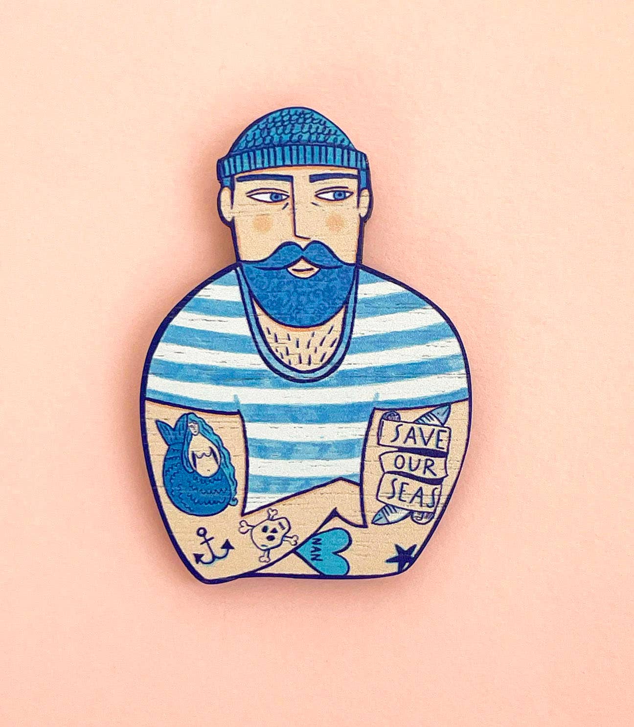 Tattooed Sailor Wooden Brooch