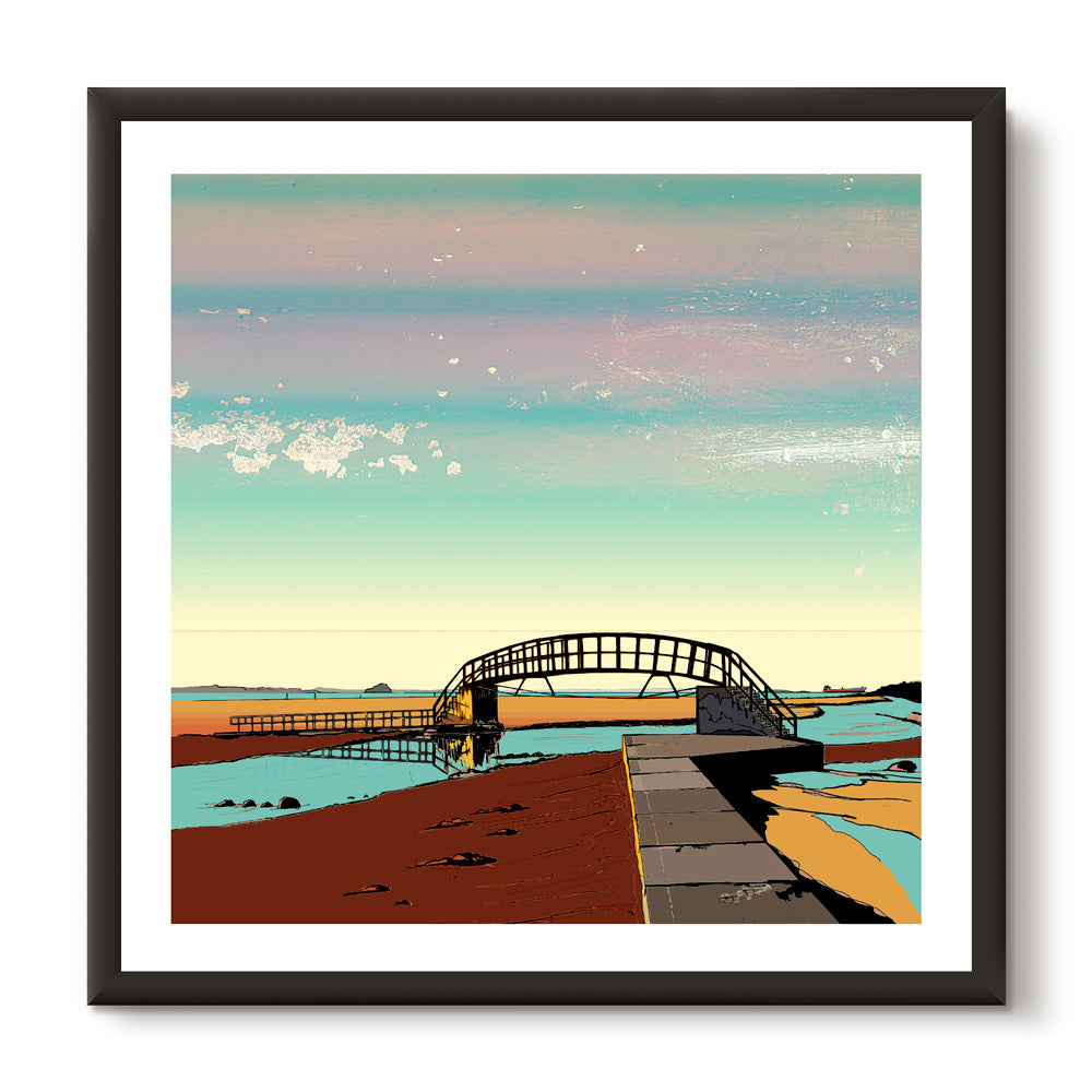 This print illustrates the 'bridge to nowhere' on Belhaven beach in Dunbar, Scotland