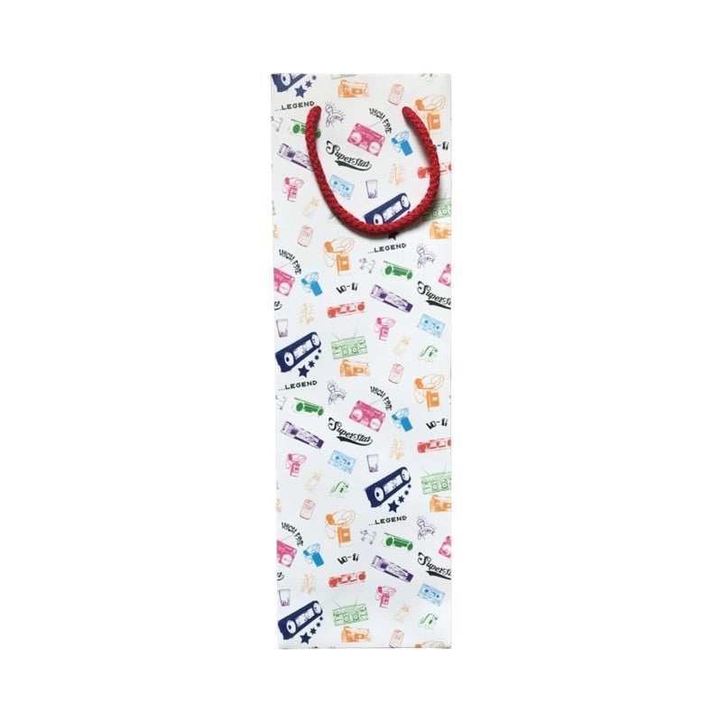 Bottle gift bag featuring illustrations of colourful retro boom boxes (getoblasters) against a white background