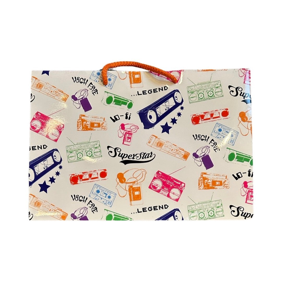 Large gift bag featuring illustrations of colourful retro boom boxes (getoblasters) against a white background.