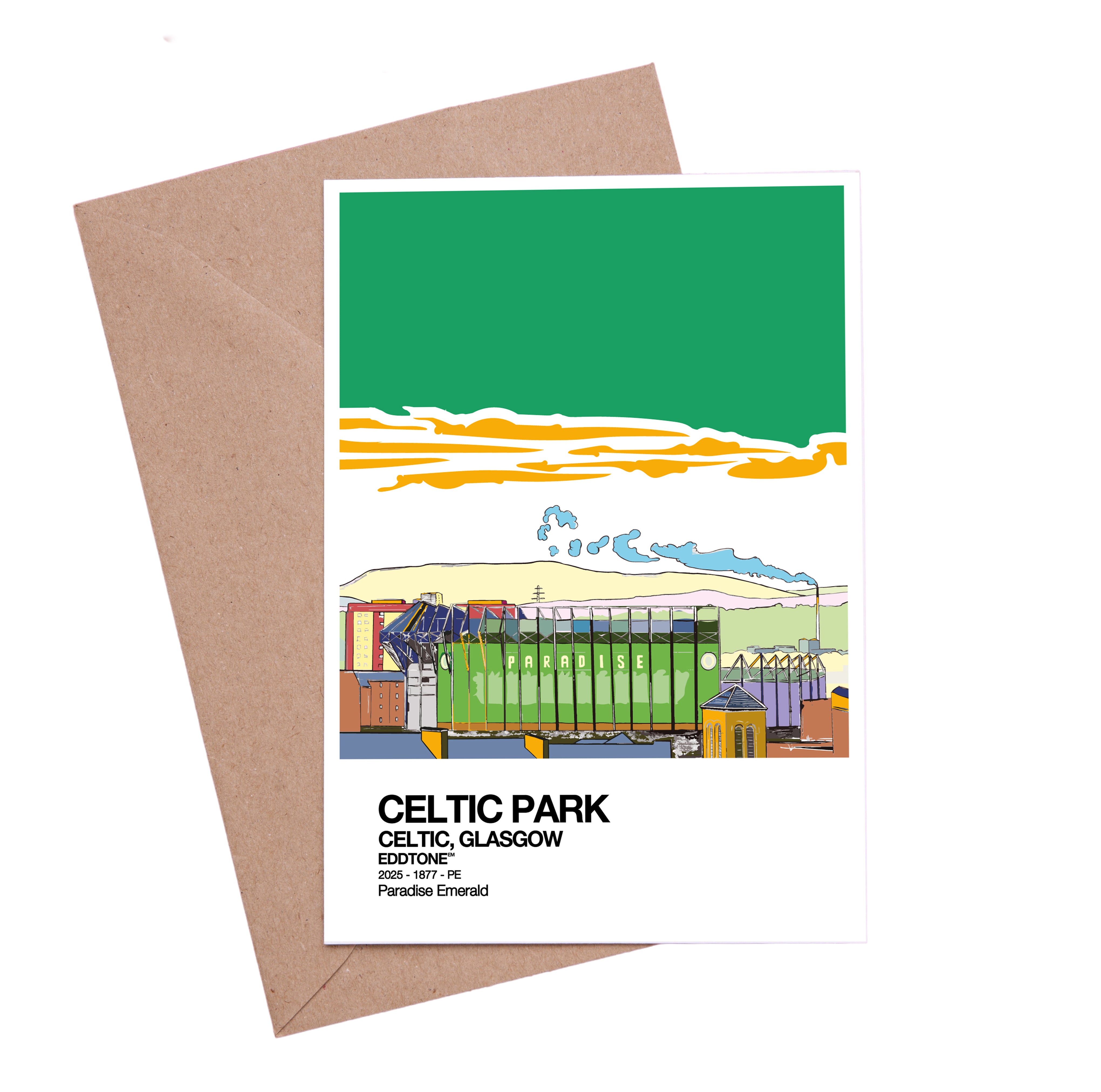 A6 card featuring an illustration of Celtic Park Stadium, home of Celtic Football Club in Glasgow.