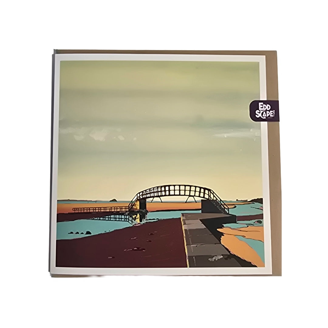 Square card featuring an illustration of Belhaven Bay and the bridge to nowwhere in Dunbar, Scotland
