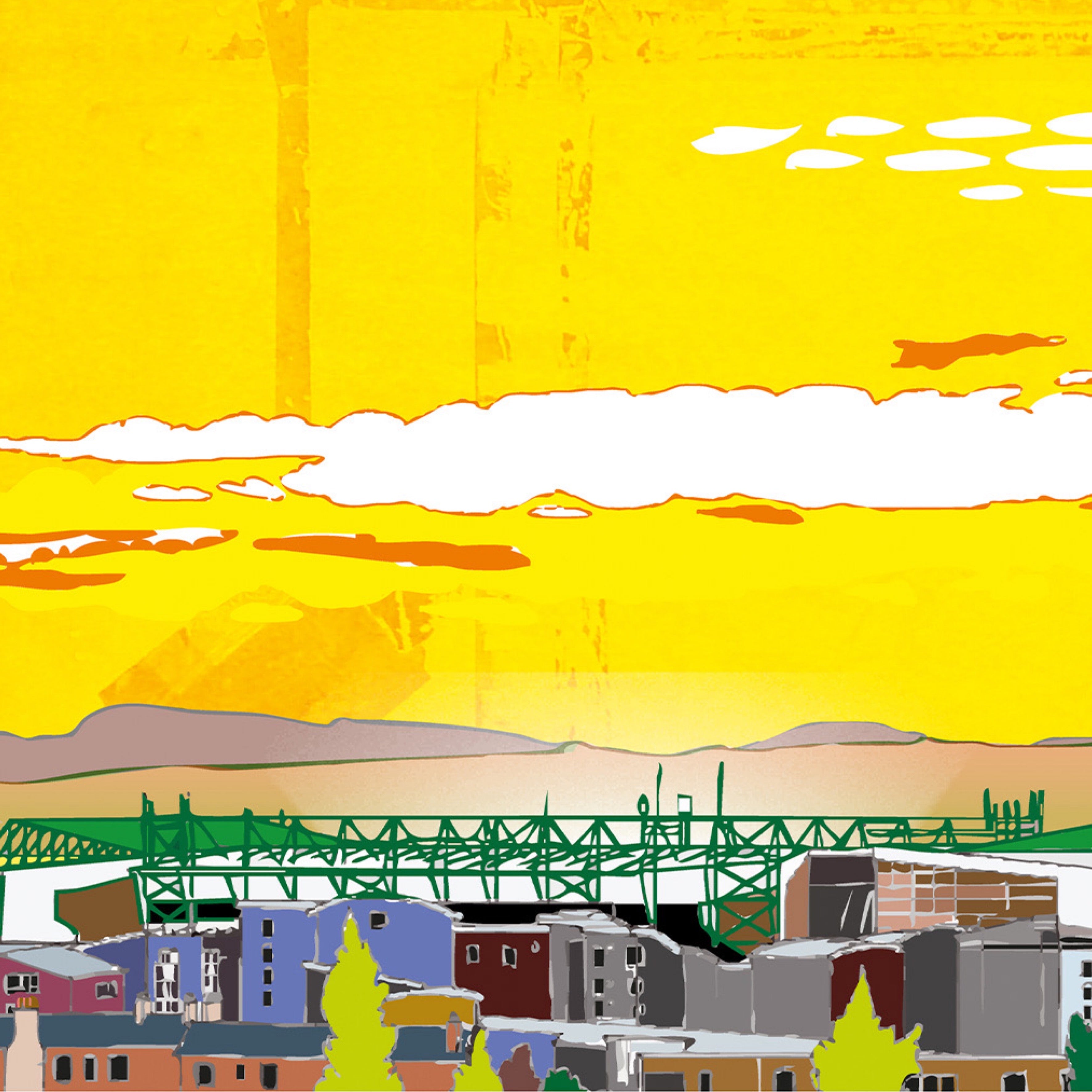 This is a panoramic print in a 20x10inch Mount illustrating Leith with the Easter Road Stadium in Edinburgh.