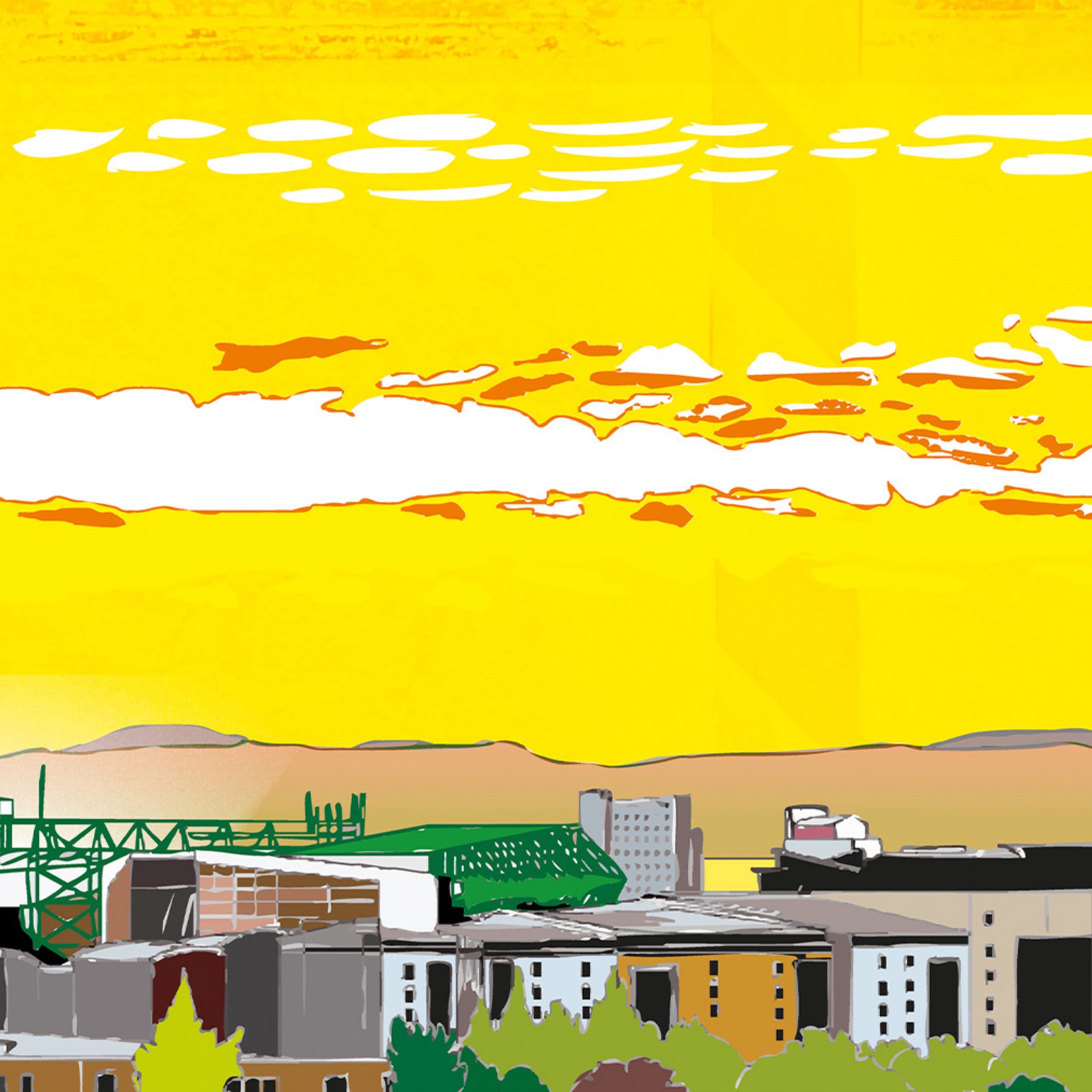 This is a panoramic print in a 20x10inch Mount illustrating Leith with the Easter Road Stadium in Edinburgh.