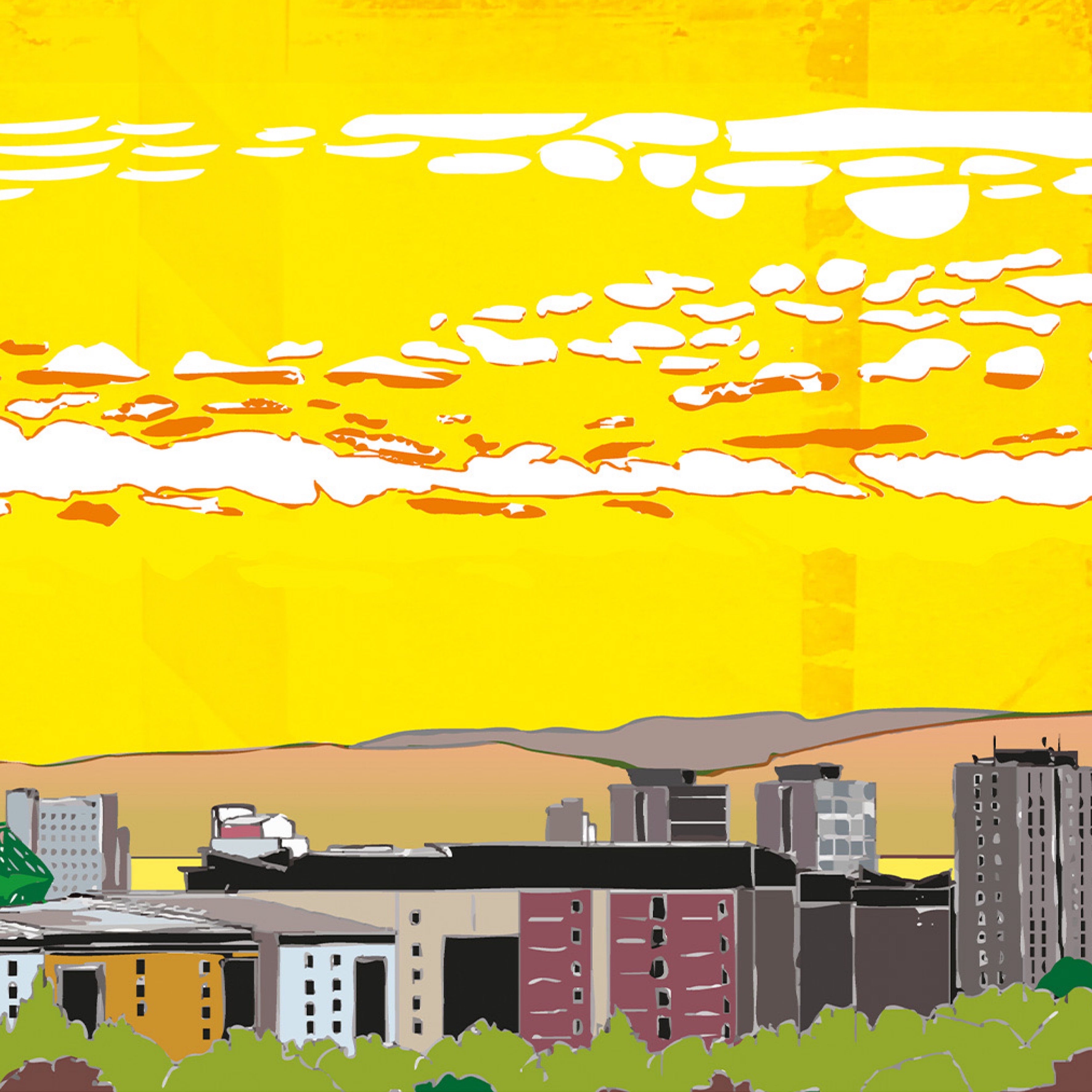 This is a panoramic print in a 20x10inch Mount illustrating Leith with the Easter Road Stadium in Edinburgh.