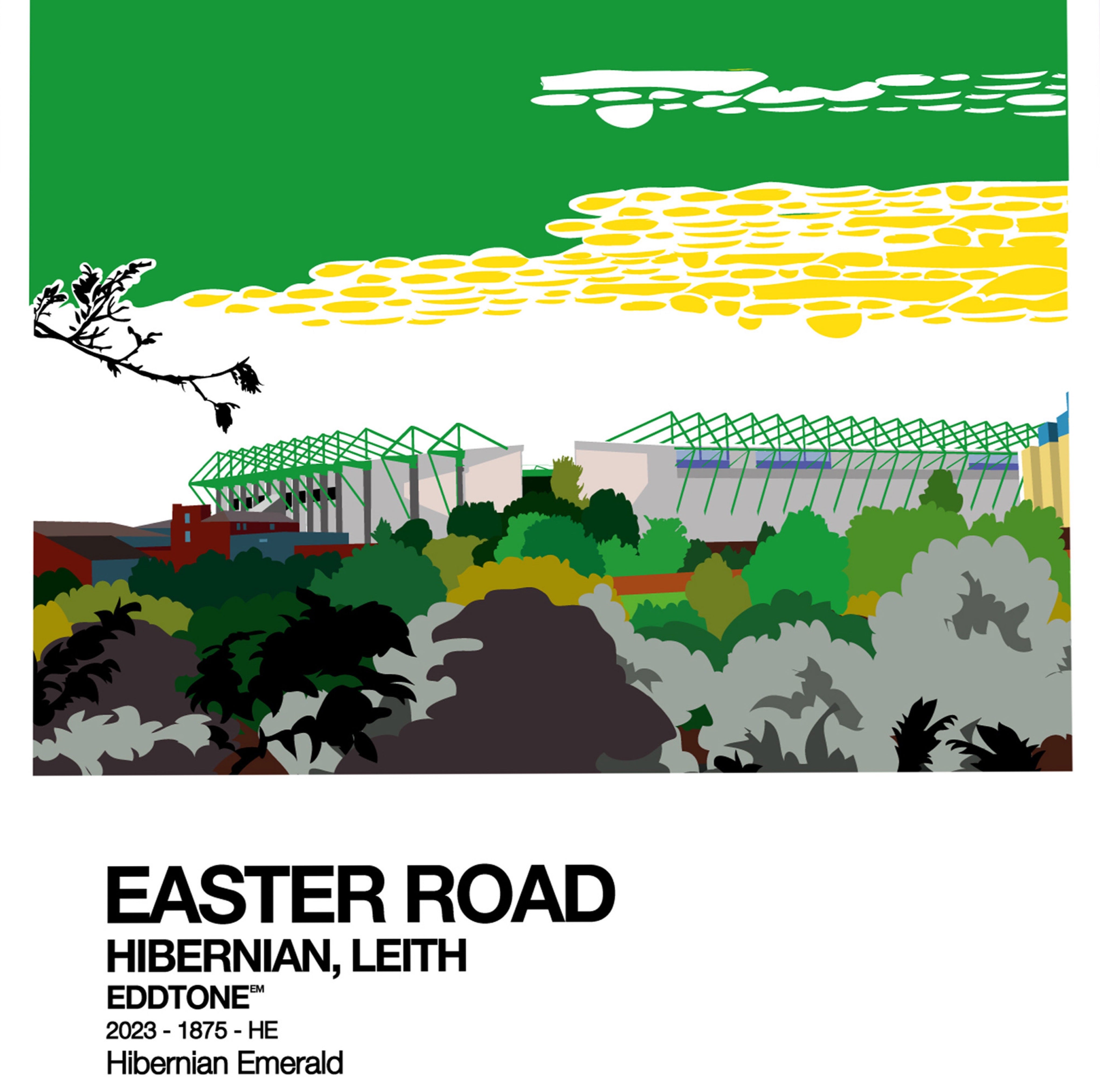 A6 card featuring an illustration of Easter Road Stadium, home of Hibernian Football Club in Edinburgh.