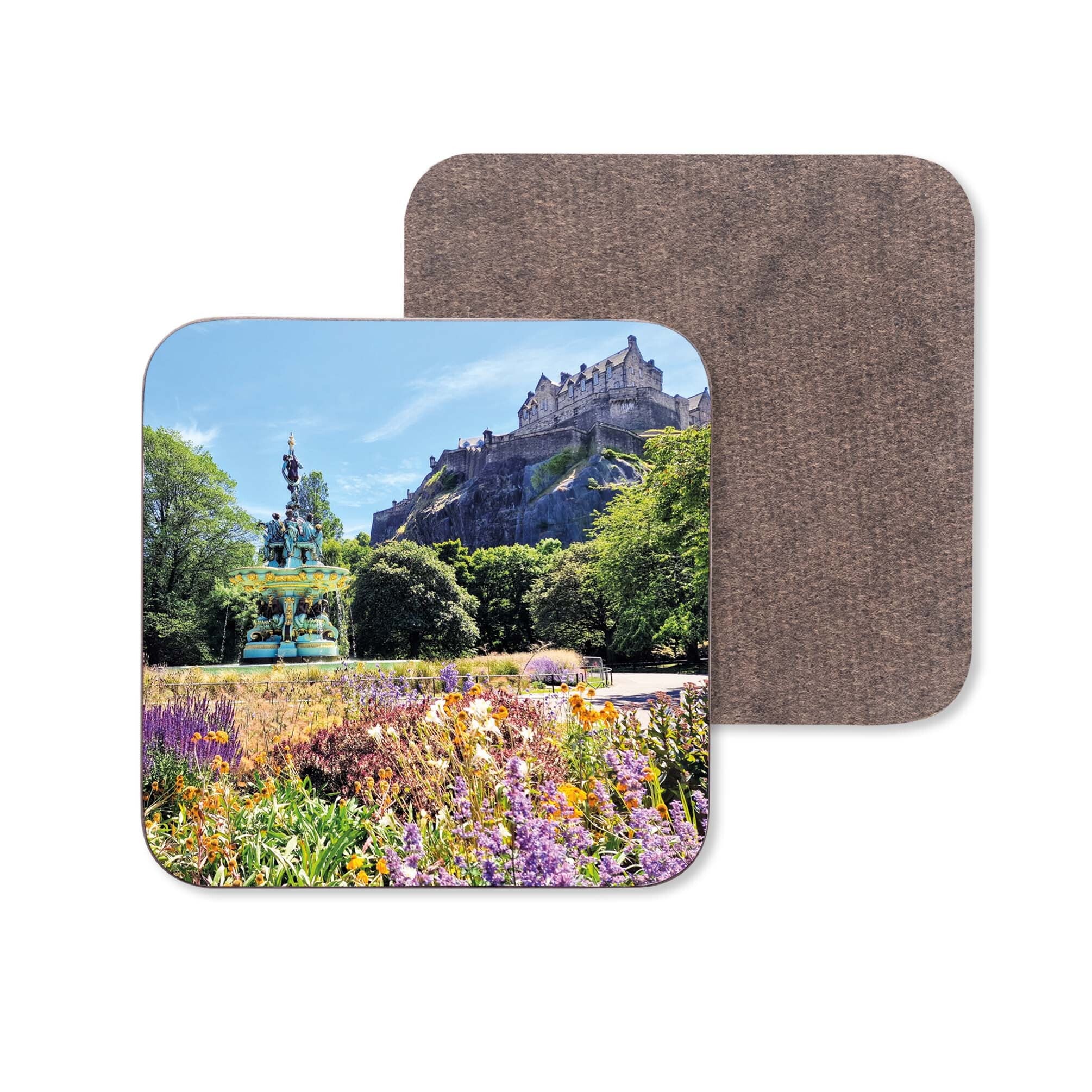 An image of the Ross Fountain and Edinburgh Castle with summer flowers in the foreground on a coaster.
