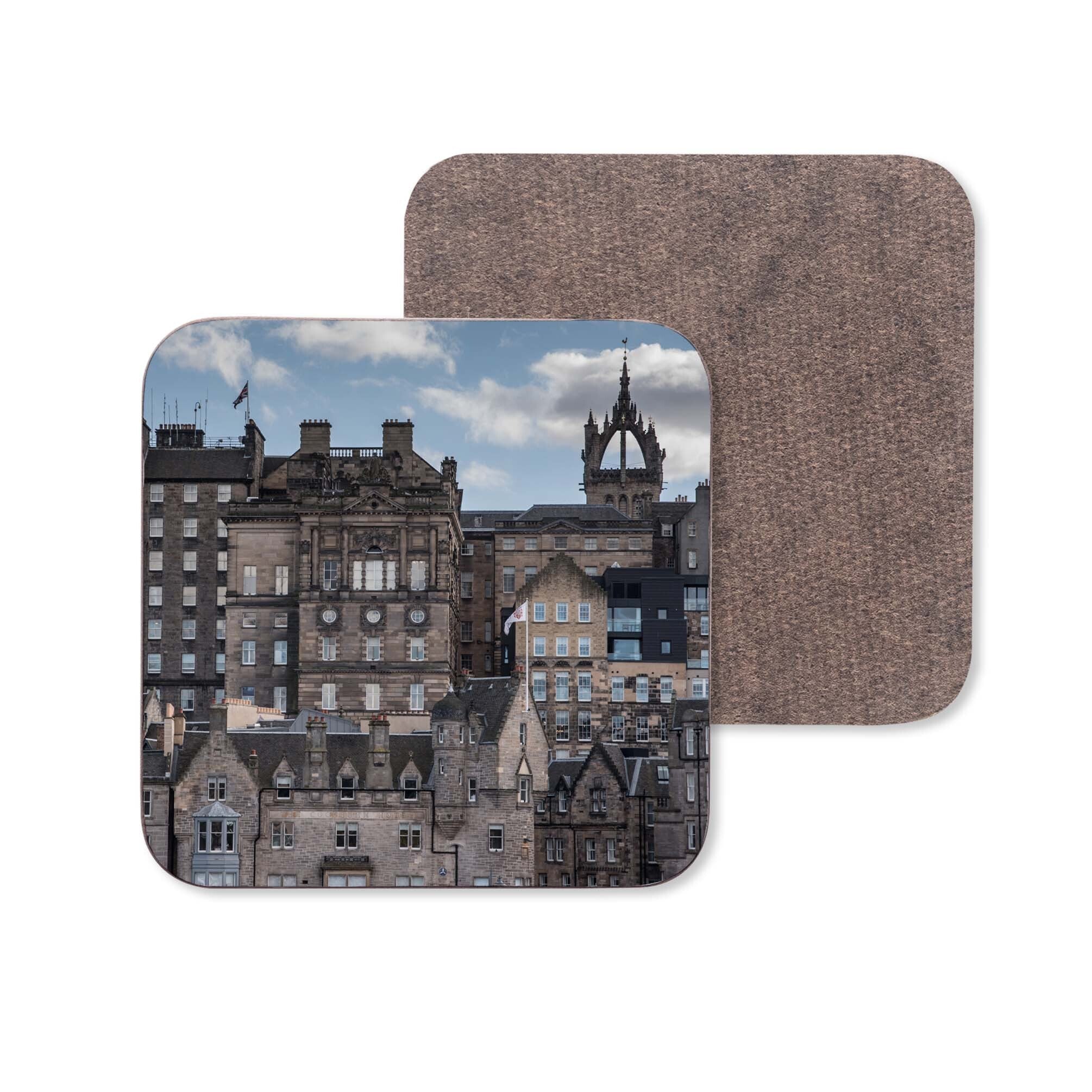 An image of Edinburgh's Old Town on a wooden coaster.