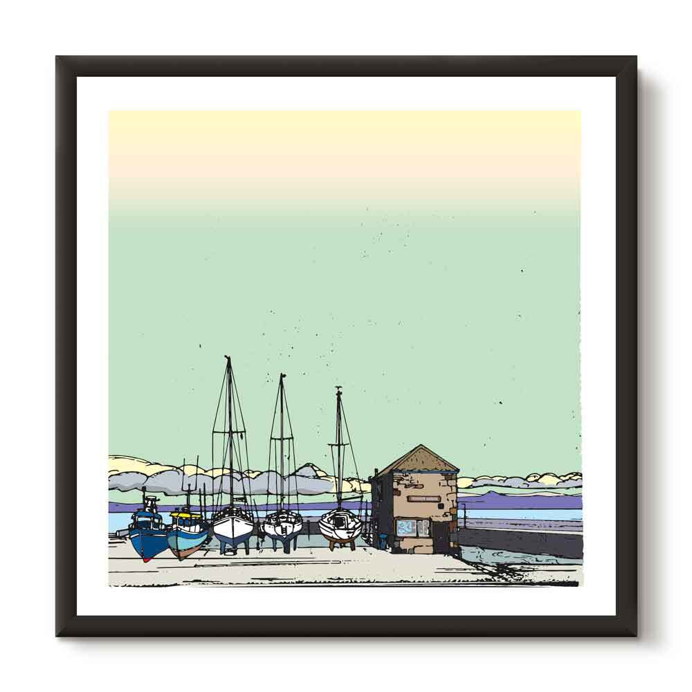 This print illustrates Fisherrow Harbour in Musselburgh, Scotland. Designed in by Eddscape and printed in the UK.