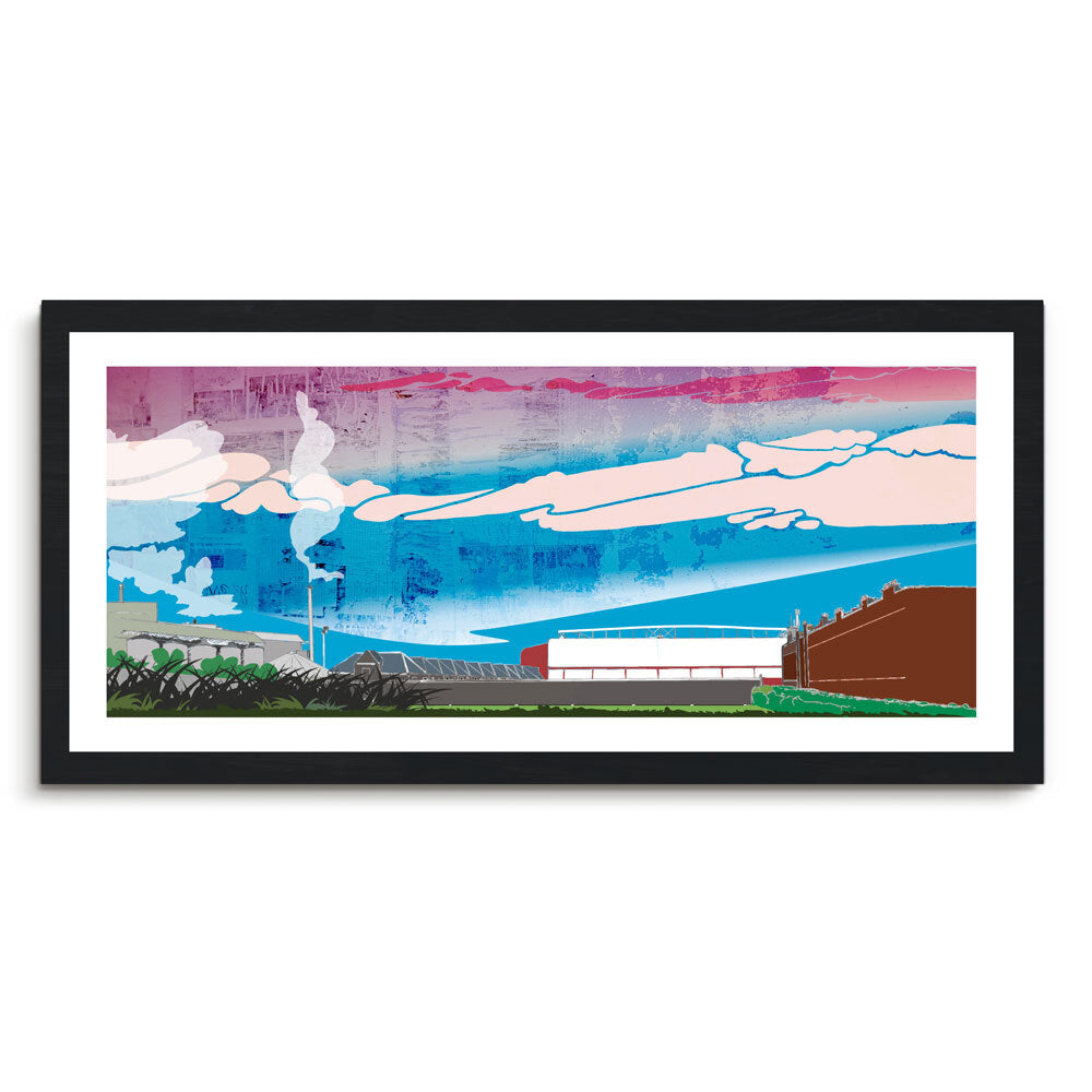 This is a panoramic print illustrating the Hearts Tynecastle Stadium, Edinburgh. Designed by Eddscape and printed in the UK.