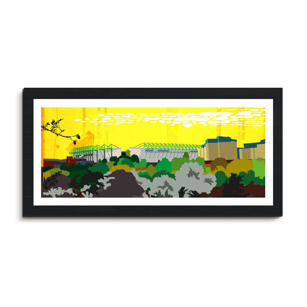 This is a panoramic print illustrating the Hibernian Easter Road Stadium, Edinburgh. Designed by Eddscape and printed in the UK.