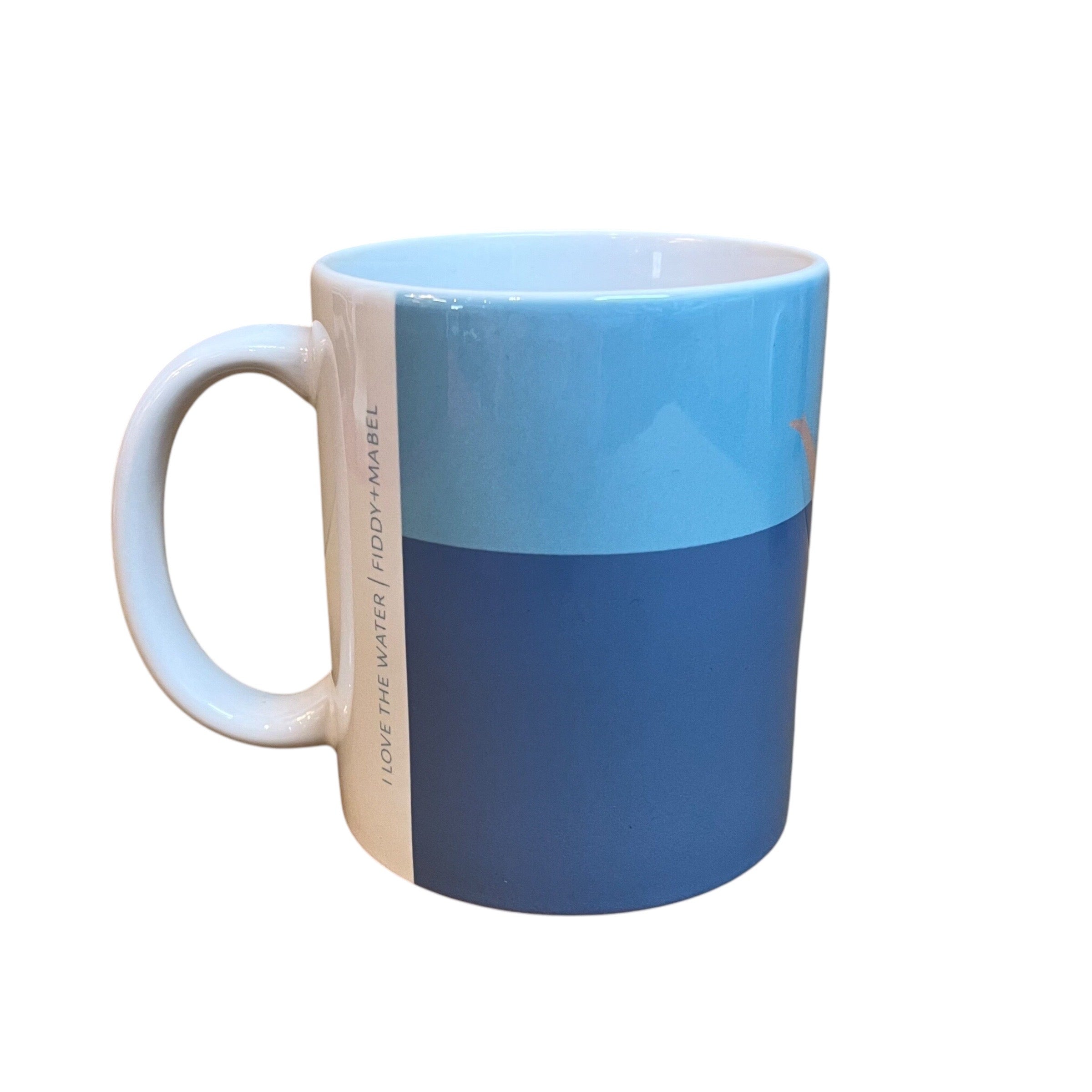 Mug featuring a female wild swimmer wearing a black swimsuit standing knee-deep in the water with her arms stretched out above her. Perfect for fans of wild swimming. This ceramic mug holds 10oz and is dishwasher safe.