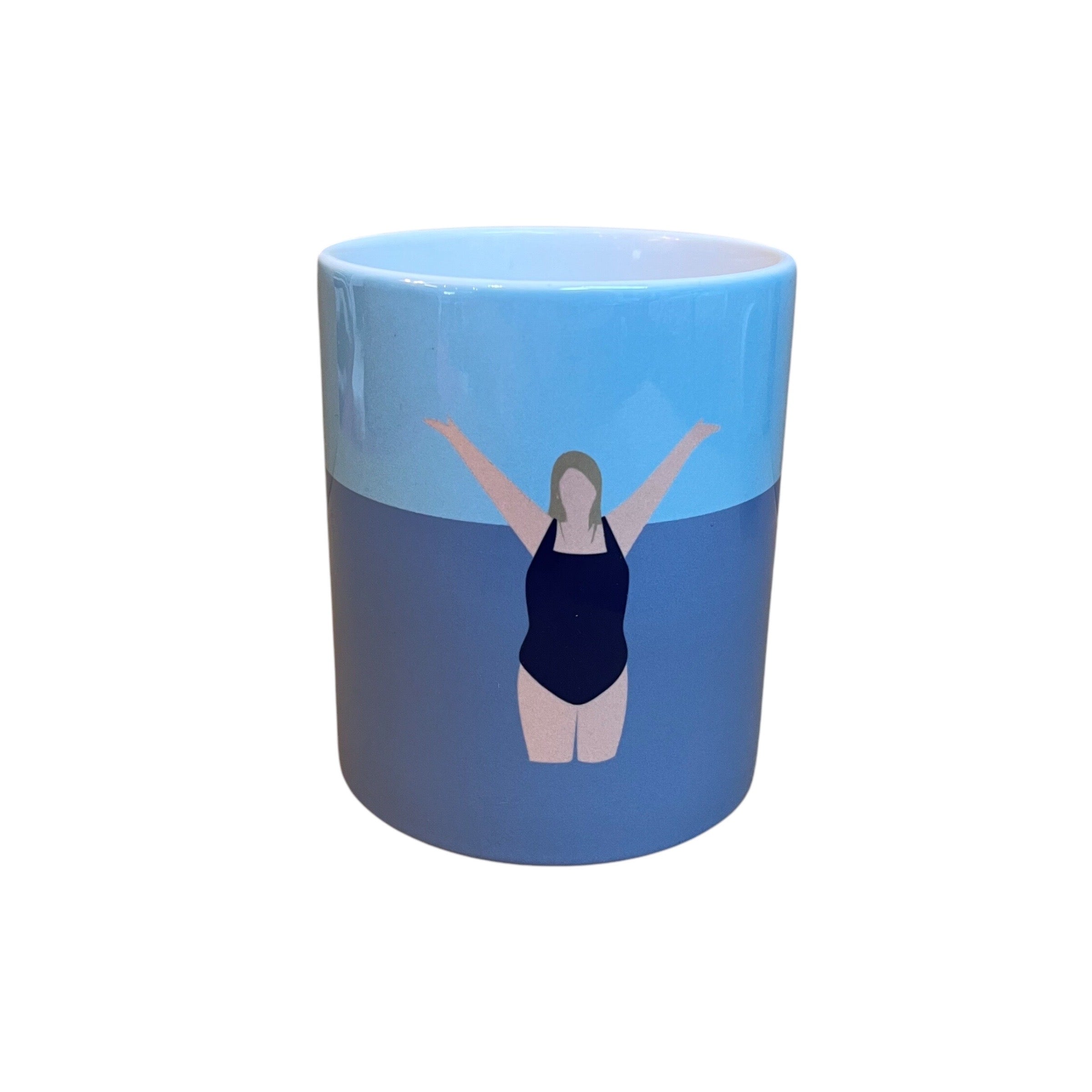 Mug featuring a female wild swimmer wearing a black swimsuit standing knee-deep in the water with her arms stretched out above her. Perfect for fans of wild swimming. This ceramic mug holds 10oz and is dishwasher safe.
