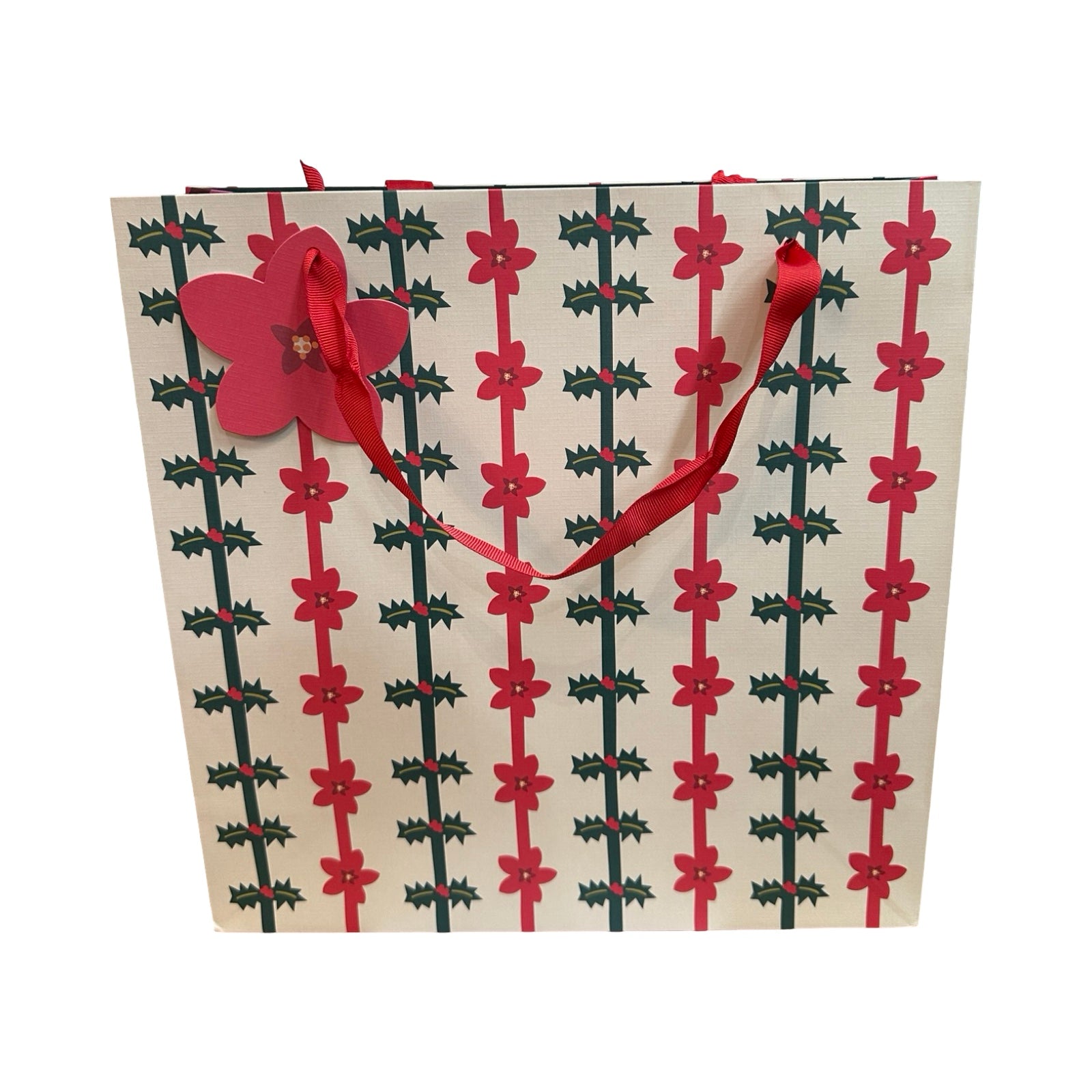 Holly and Poinsettia Christmas Gift Bag Large