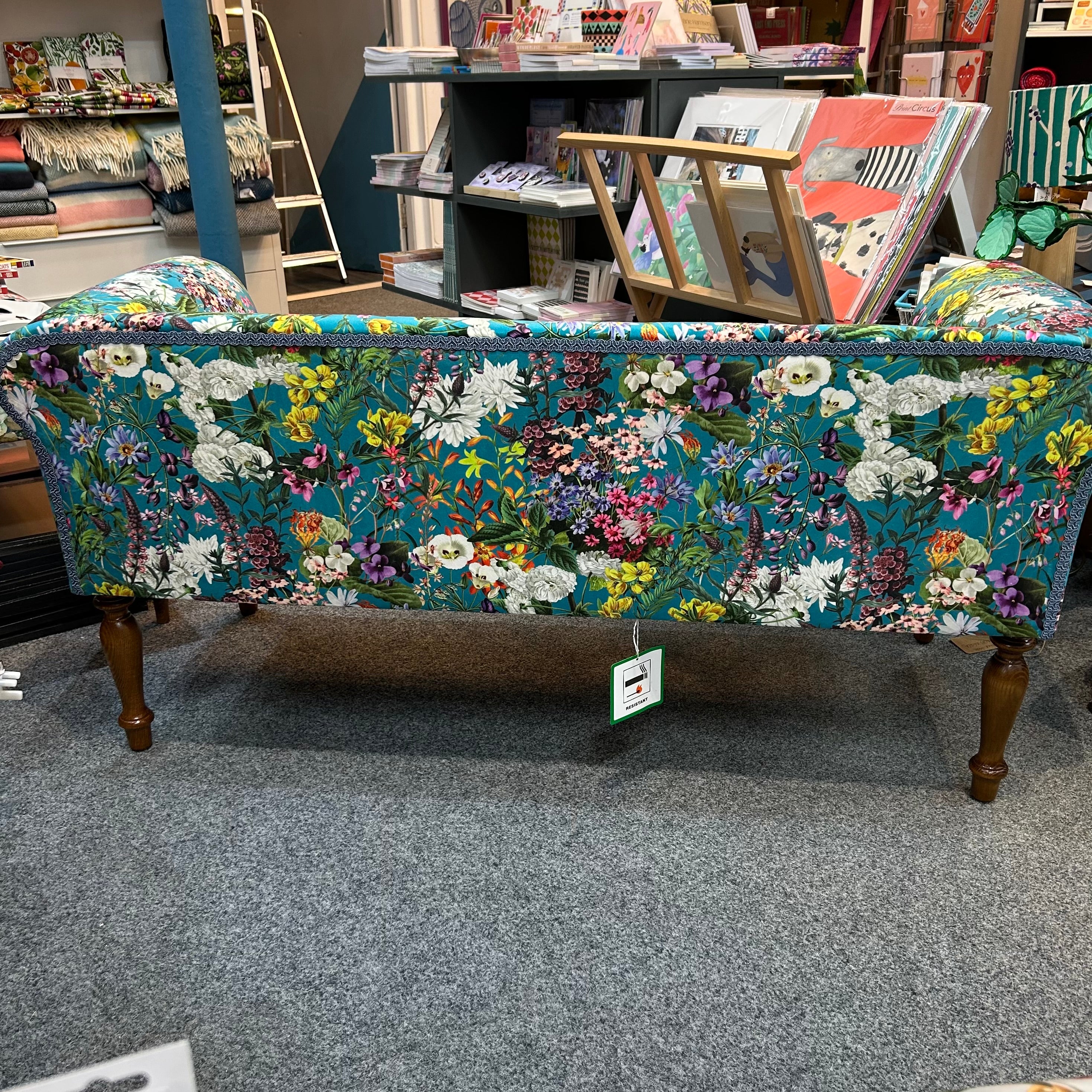 Teal Floral Velvet Low Back Sofa
