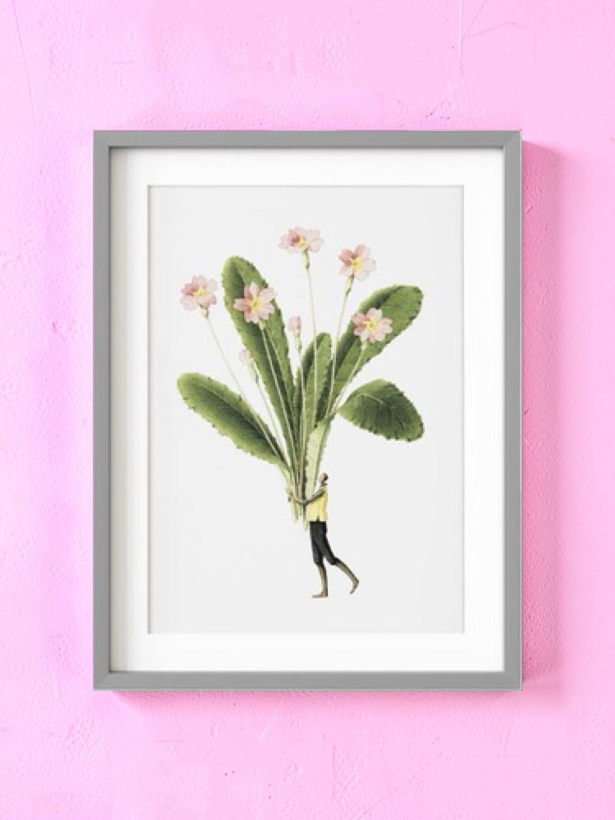Framed artwork of a person holding a large flower on a pink background.