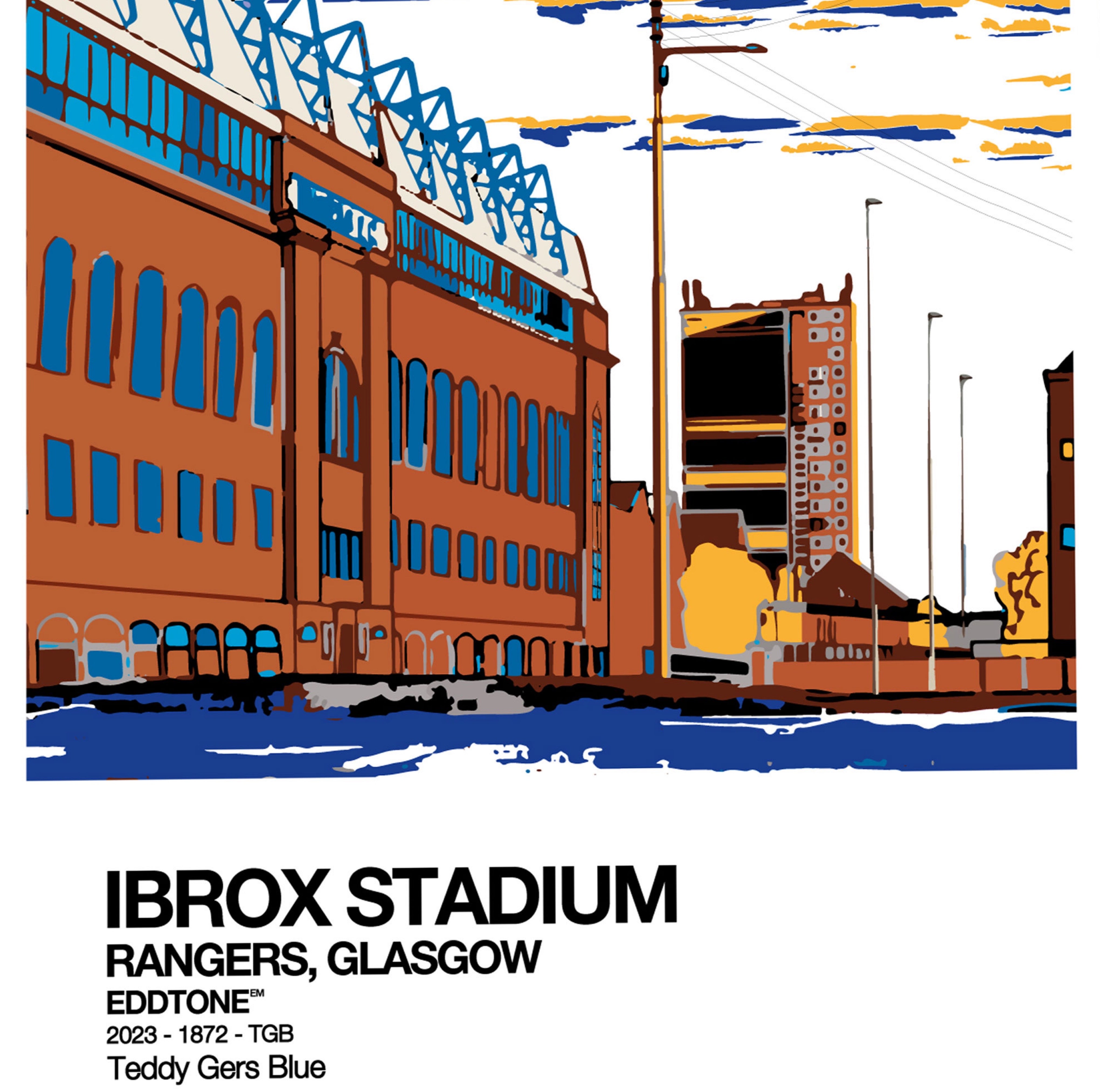 A6 card featuring an illustration of Ibrox, home of Rangers FC, Glasgow.