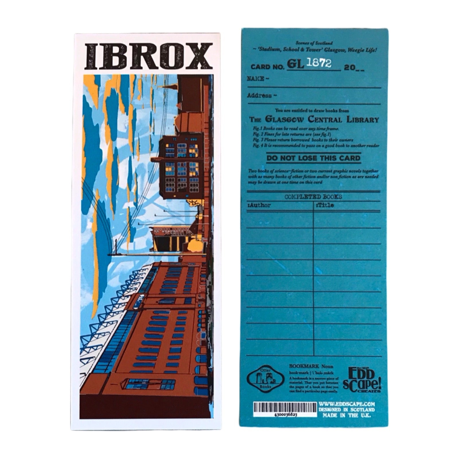 Bookmark featuring a panoramic landscape illustration of Rangers Ibrox Stadium, Glasgow.